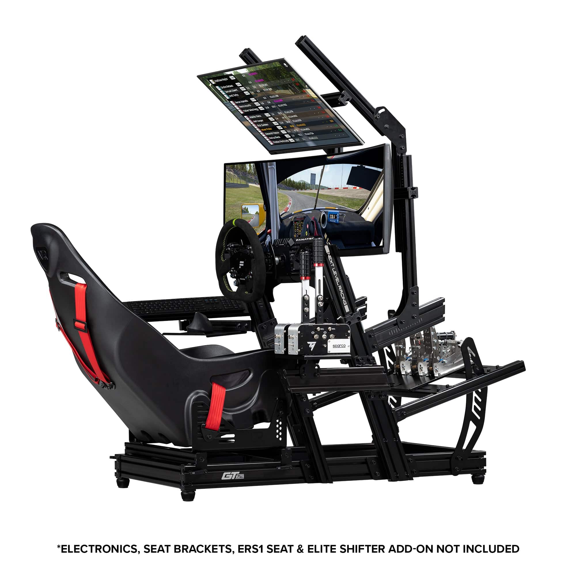 Next Level Racing GTELite sim racing cockpit with front and side mounts, lightweight chassis for realistic racing simulation setup.