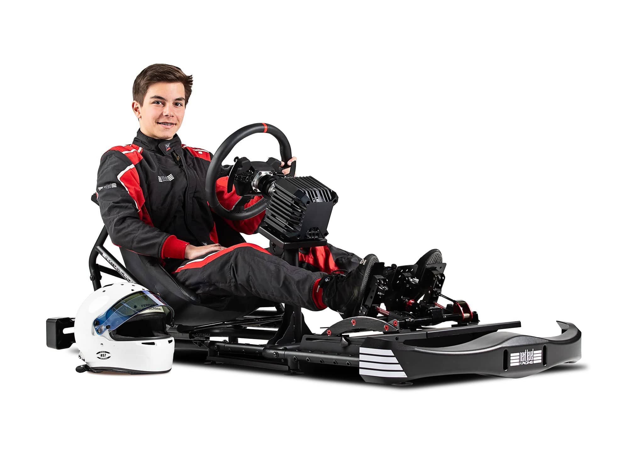 Next Level Racing Go Kart Plus simulator cockpit with black frame, adjustable seat, and steering wheel mount for immersive racing.