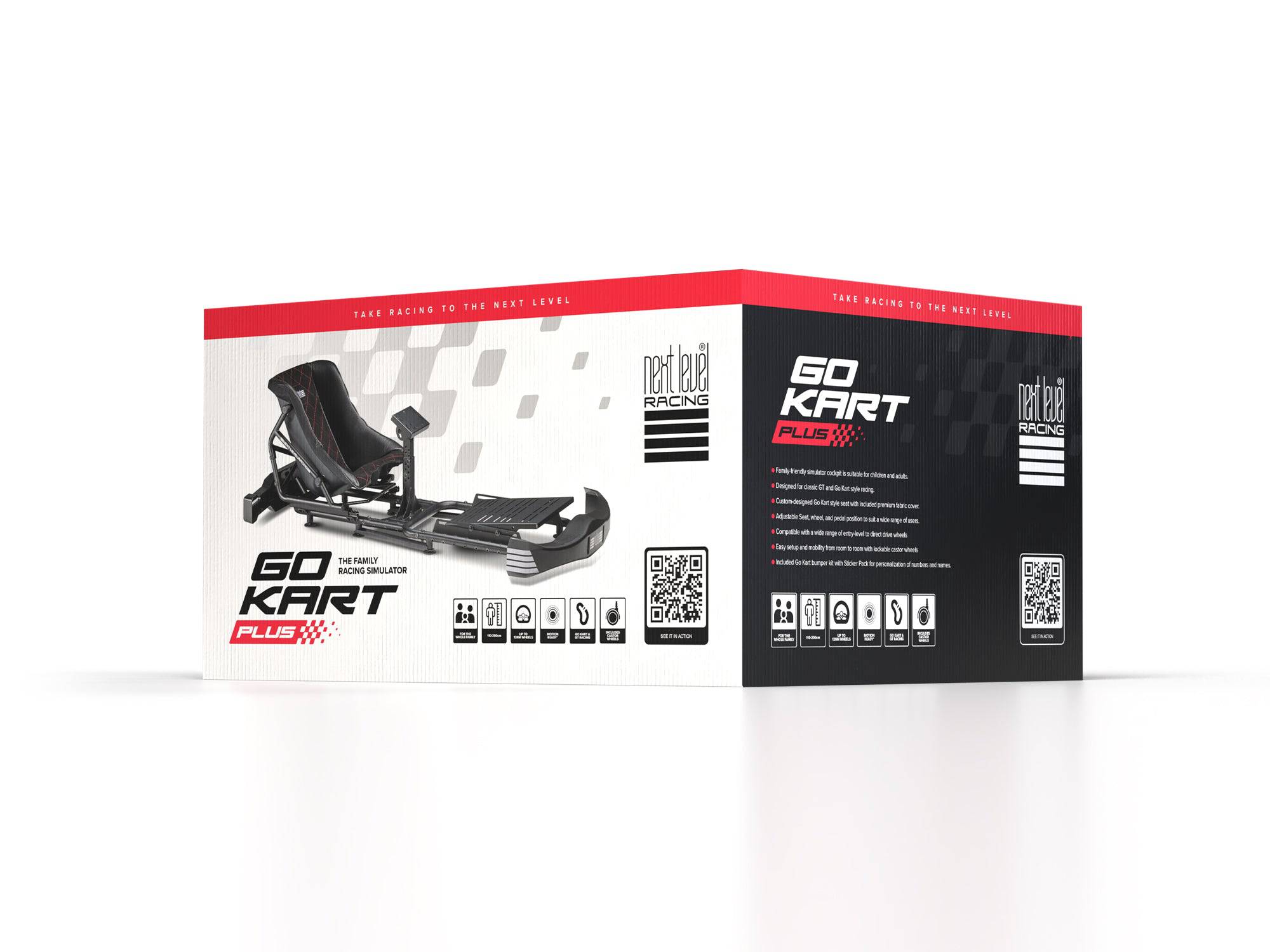 Next Level Racing Go Kart Plus simulator cockpit in black with racing seat and steering wheel mount, designed for immersive go kart racing.