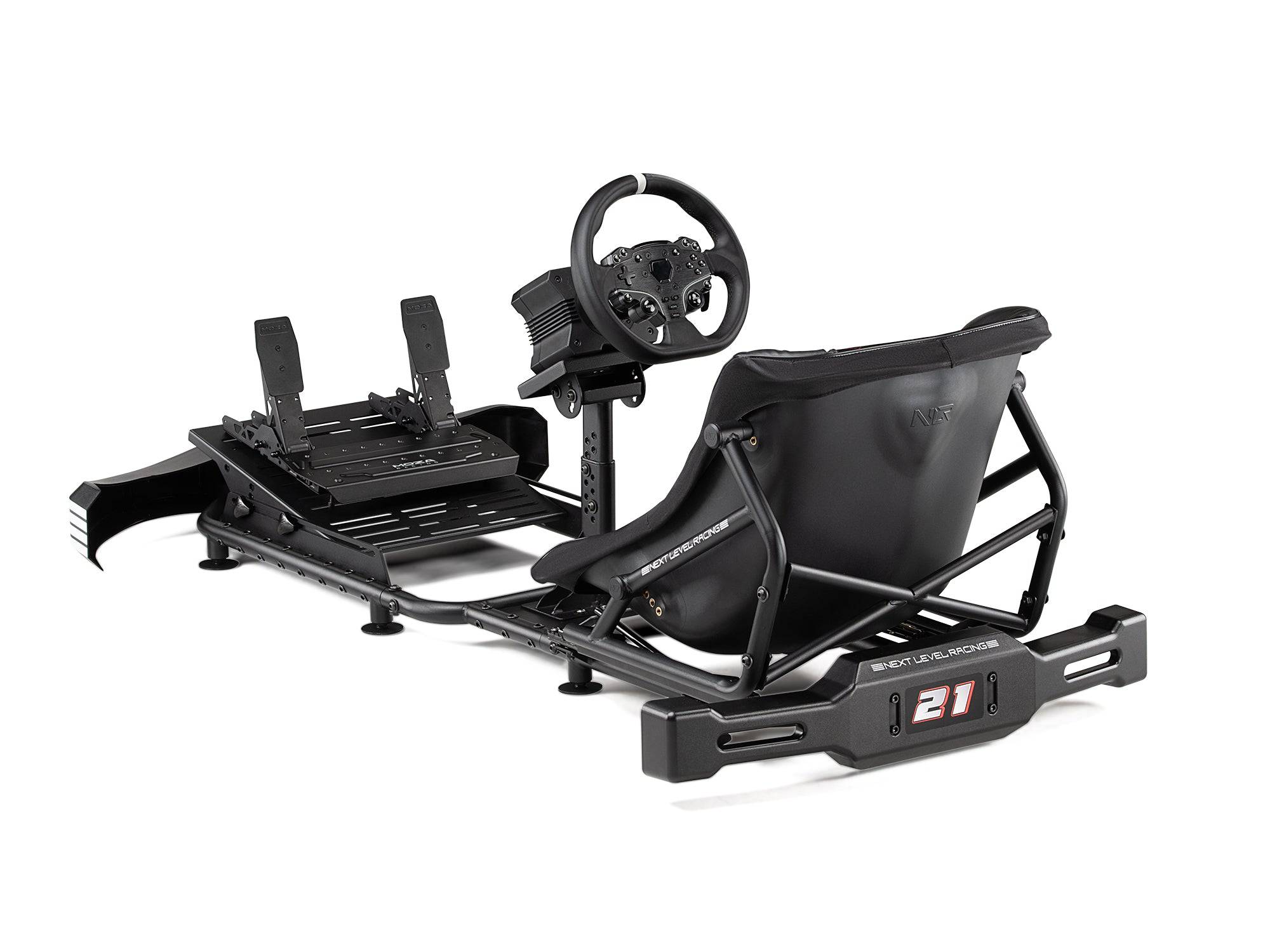 Next Level Racing Go Kart Plus Simulator Cockpit, black racing seat with steering wheel and pedal setup for immersive kart racing.