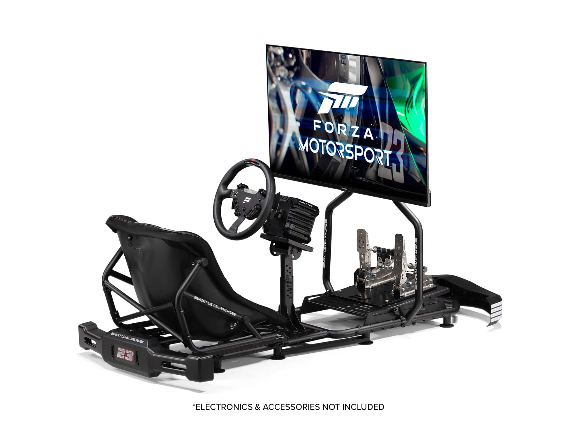 Next Level Racing Go Kart Plus simulator cockpit with racing seat and steering wheel mount, designed for immersive go-kart racing experiences.