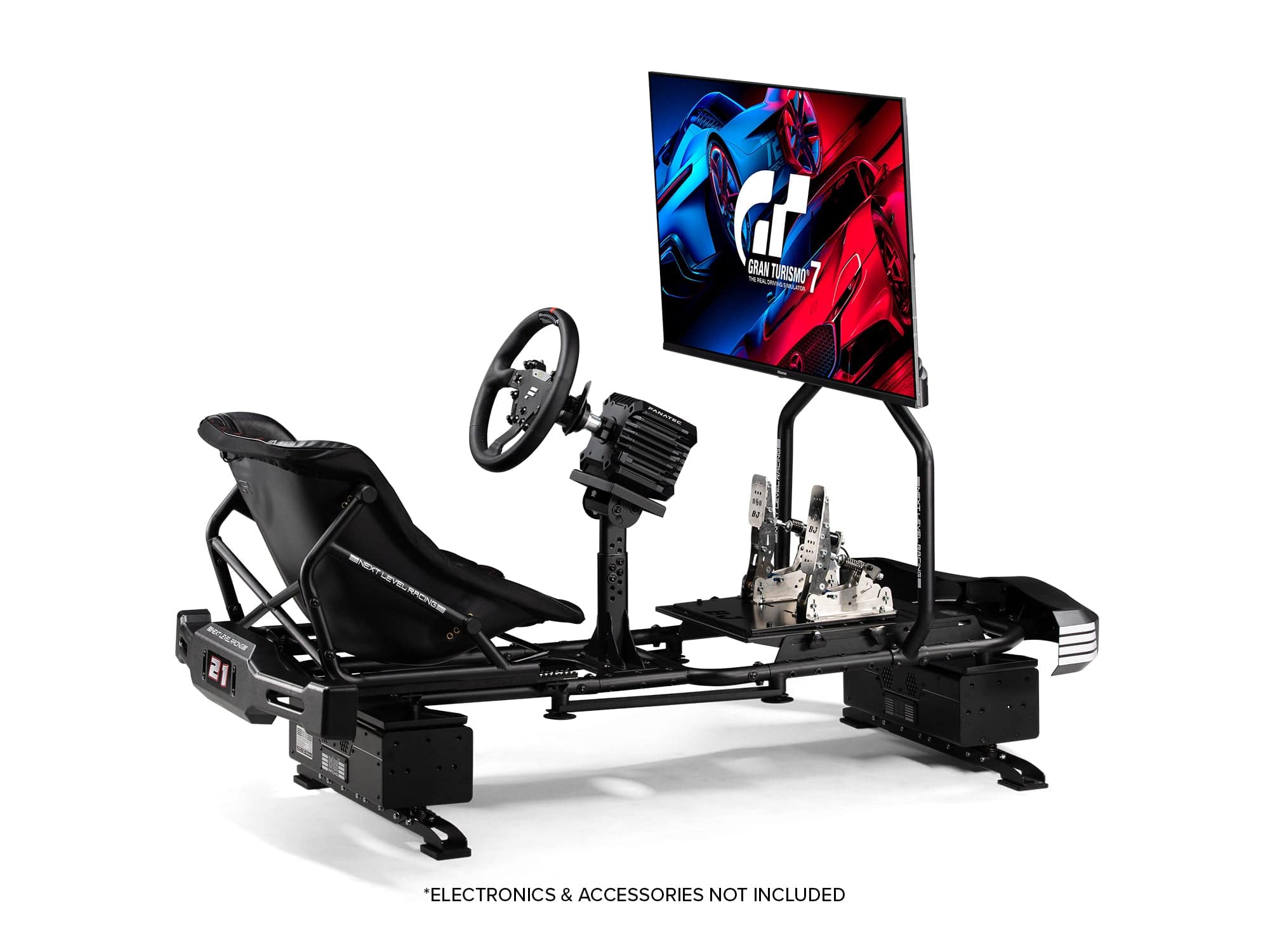 Next Level Racing Go Kart Plus simulator cockpit for racing games, featuring a sturdy black frame and adjustable seat for immersive kart racing.