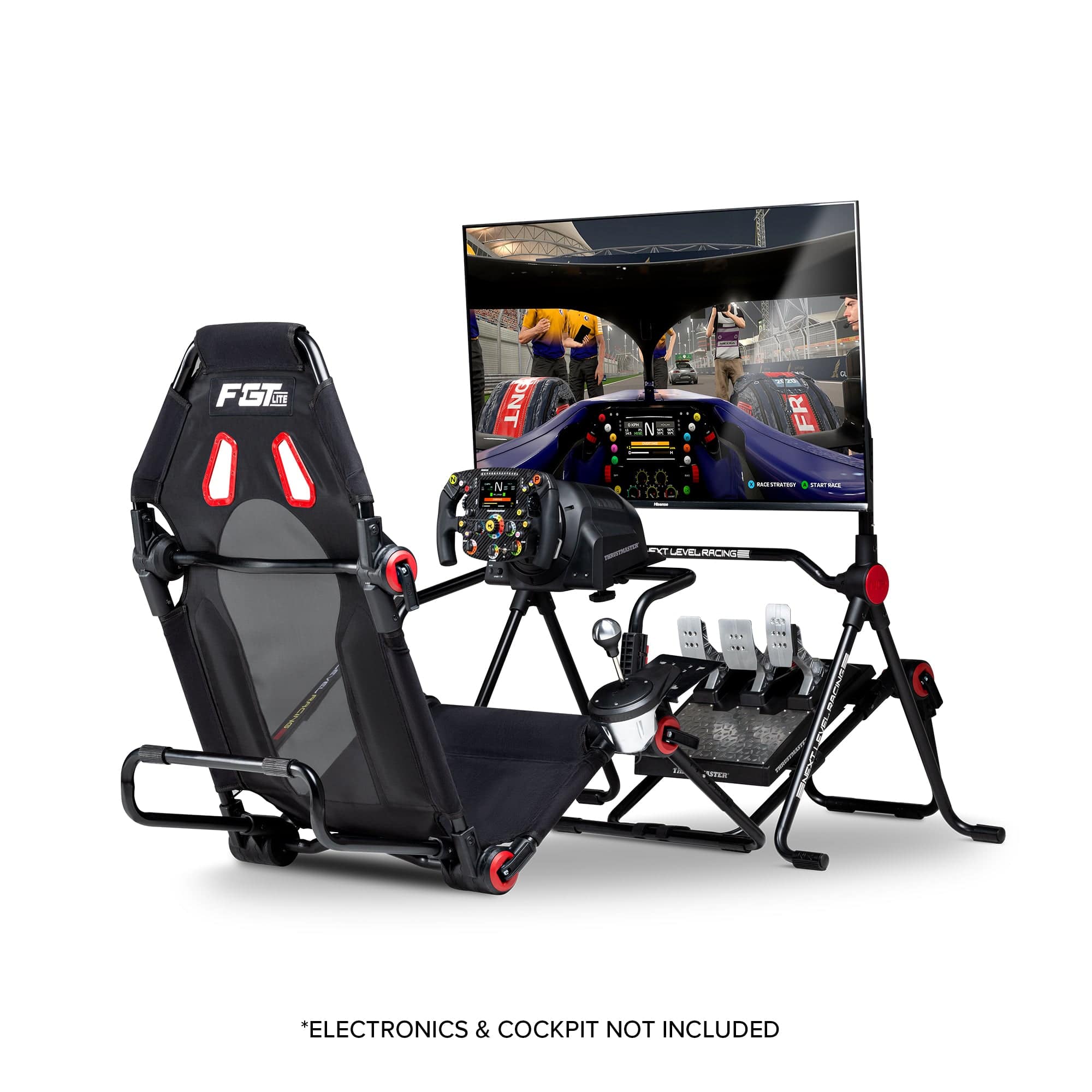 Next Level Racing Lite free-standing monitor stand supporting multiple monitors with adjustable arms for gaming or office setups.