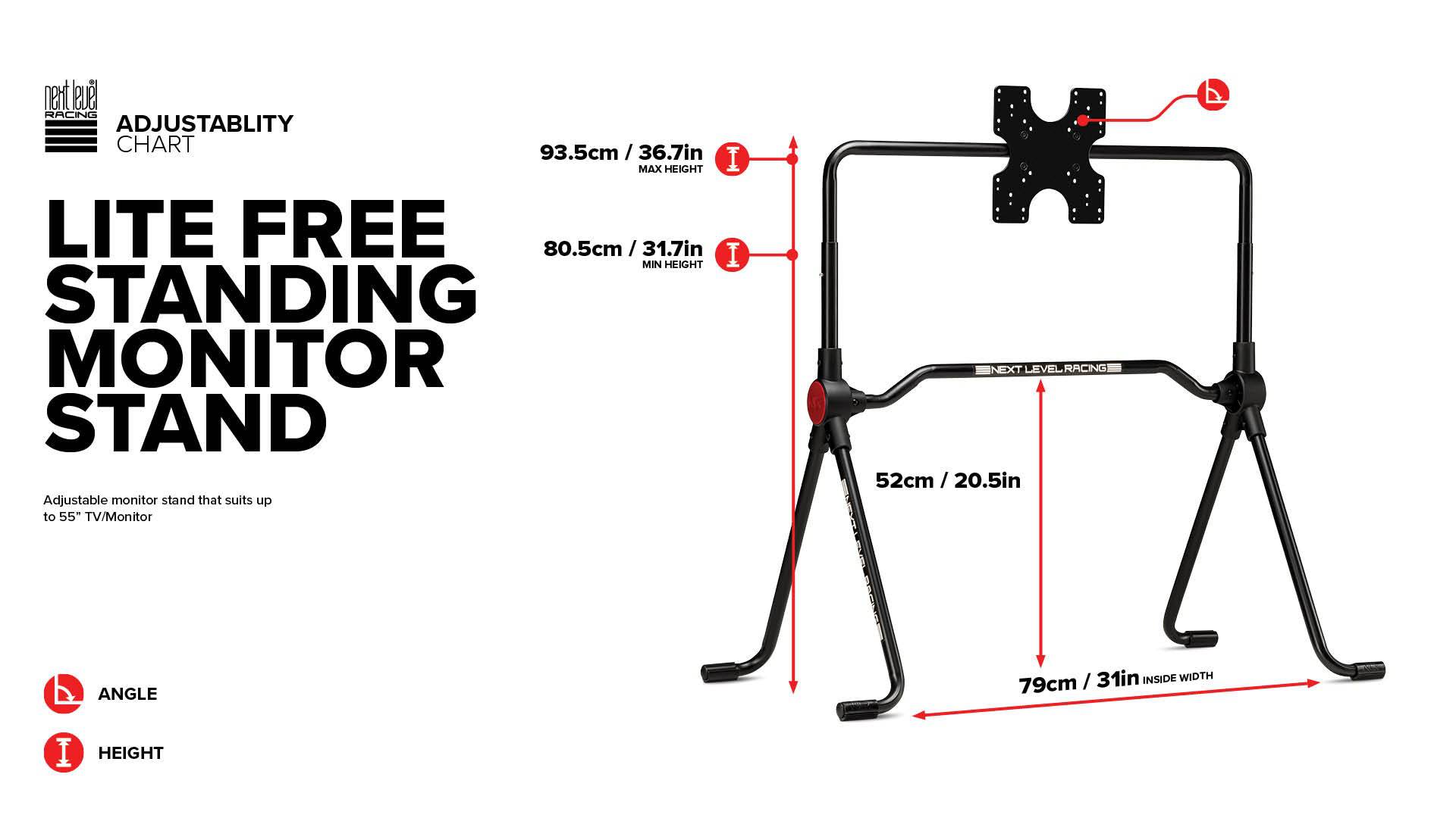Next Level Racing Lite free-standing monitor stand supporting multiple monitors, with adjustable arms and a sturdy black base.