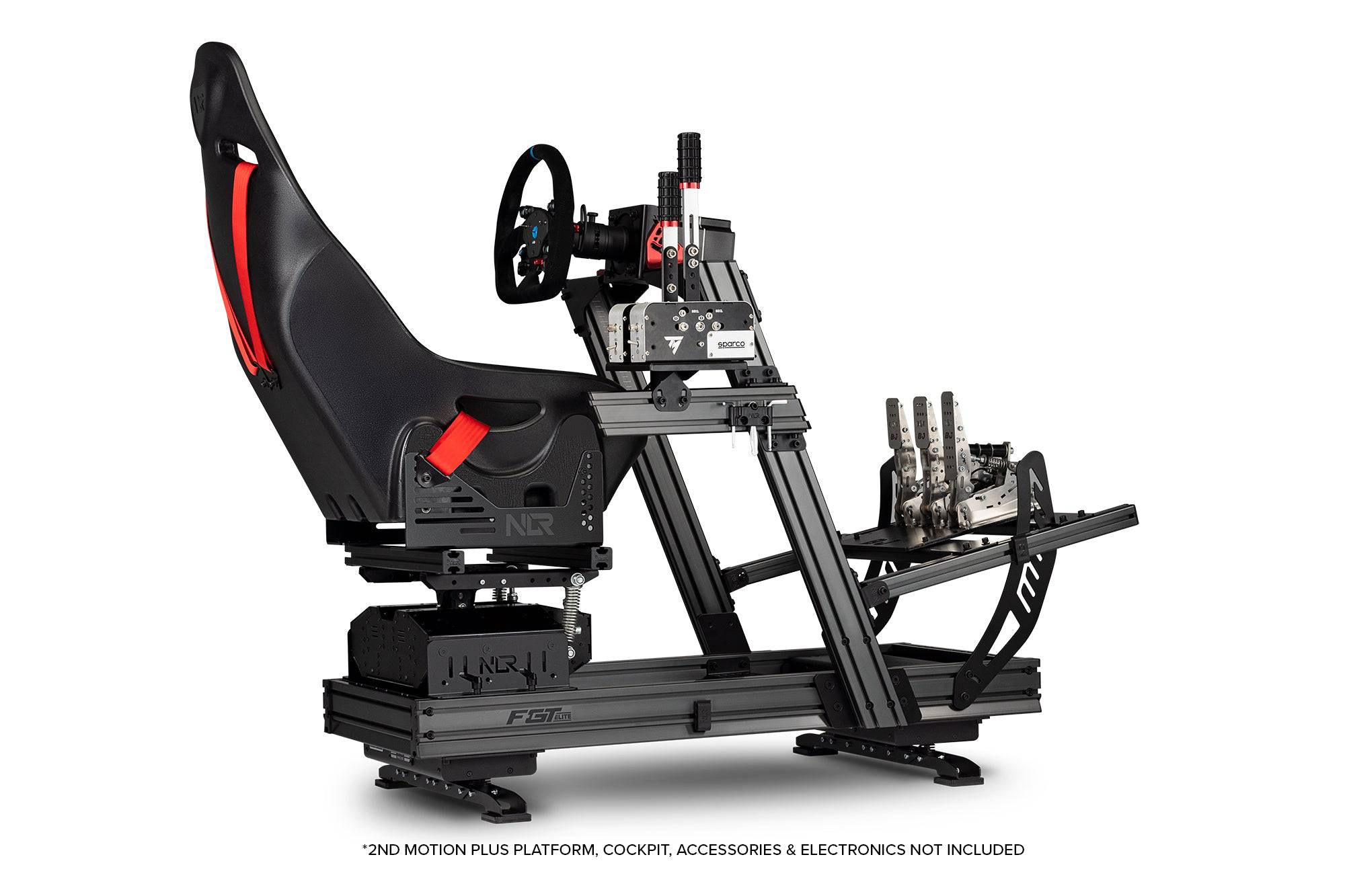 Next Level Racing Motion Plus platform for haptic and motion simulation, featuring a sturdy black frame and control panel in the image.