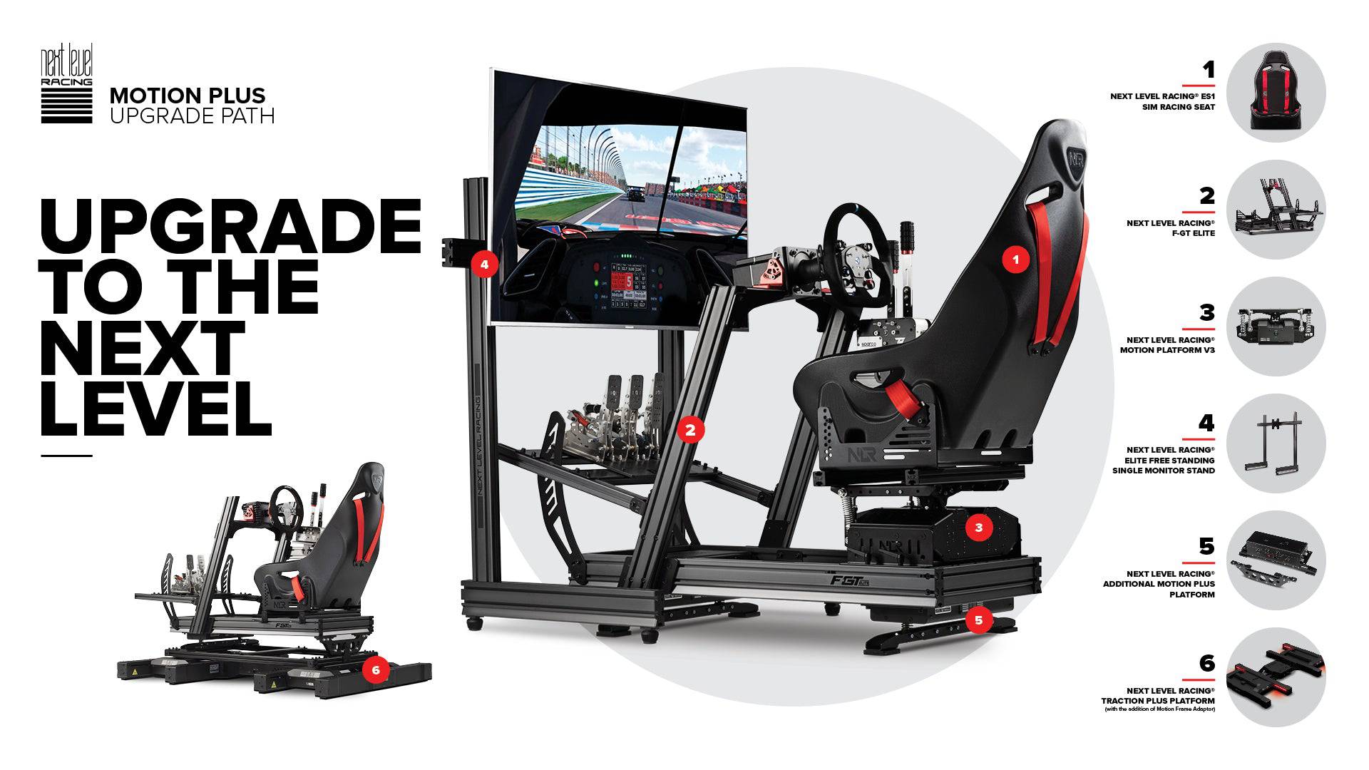 Next Level Racing Motion Plus Platform NLR-M007 haptics-motion system showing the platform with control panels and motion capabilities.