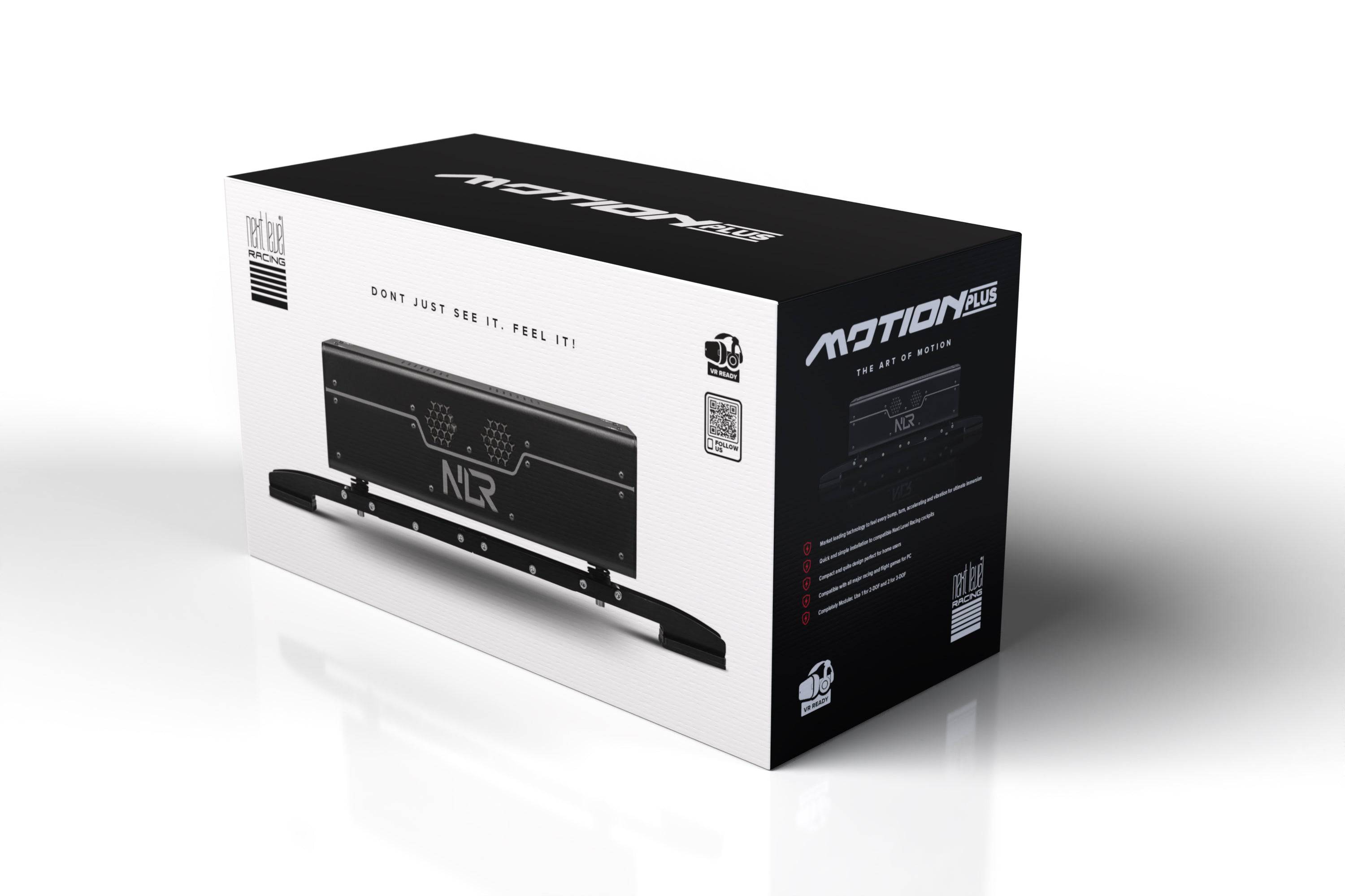 Next Level Racing Motion Plus Platform NLR-M007 haptics and motion system for immersive racing simulation, shown from a side view.
