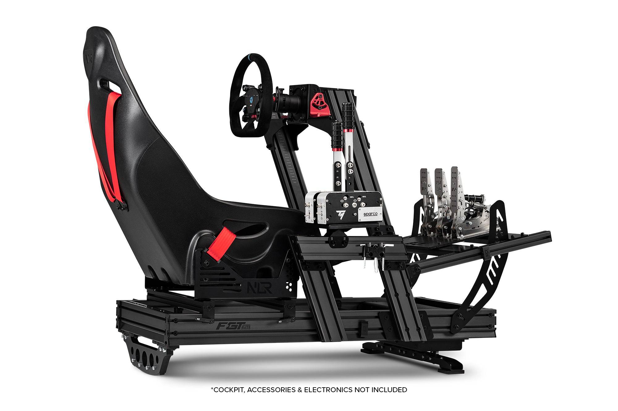 Next Level Racing Motion Plus platform with haptics system for immersive racing simulation setup, shown in black with control components.