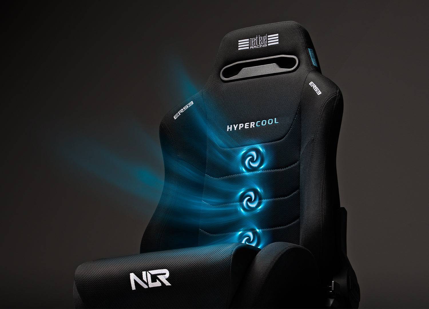 Next Level Racing ERS3 HYPERCOOL ventilated sim racing seat with ergonomic design and breathable fabric for immersive gaming comfort.