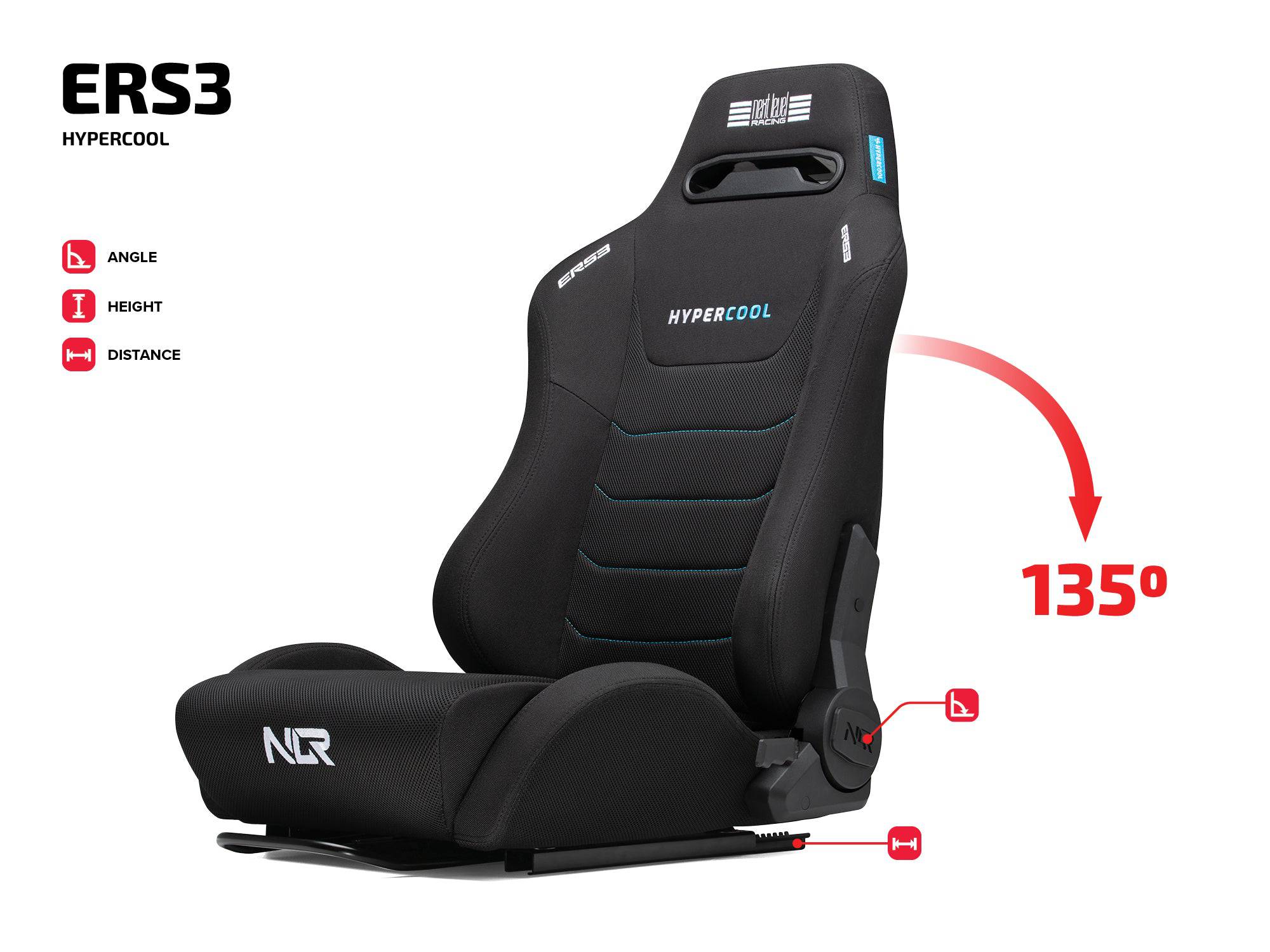 Next Level Racing ERS3 HYPERCOOL ventilated sim racing seat with ergonomic design and breathable fabric for gaming comfort