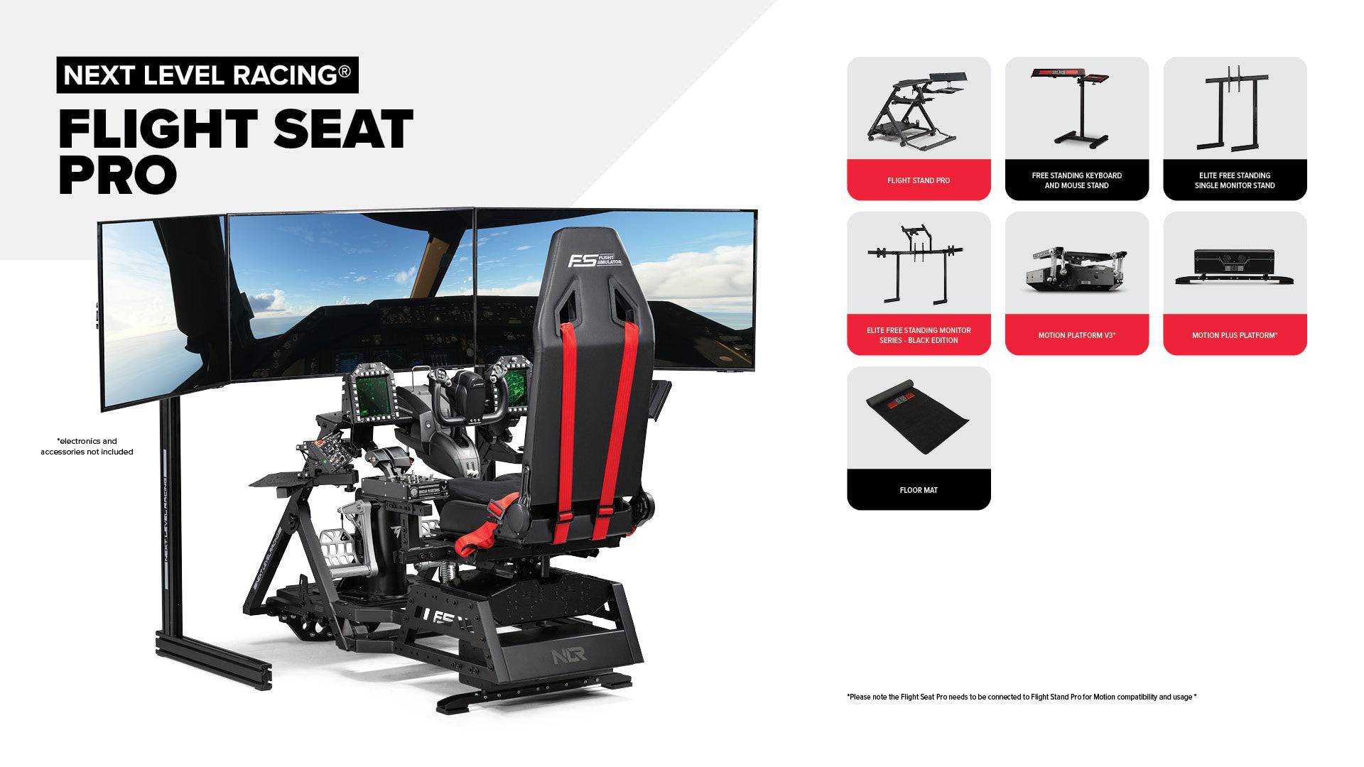 Next Level Racing Flight Seat Pro cockpit simulator chassis with adjustable seat and sturdy frame for realistic flight simulation setup.