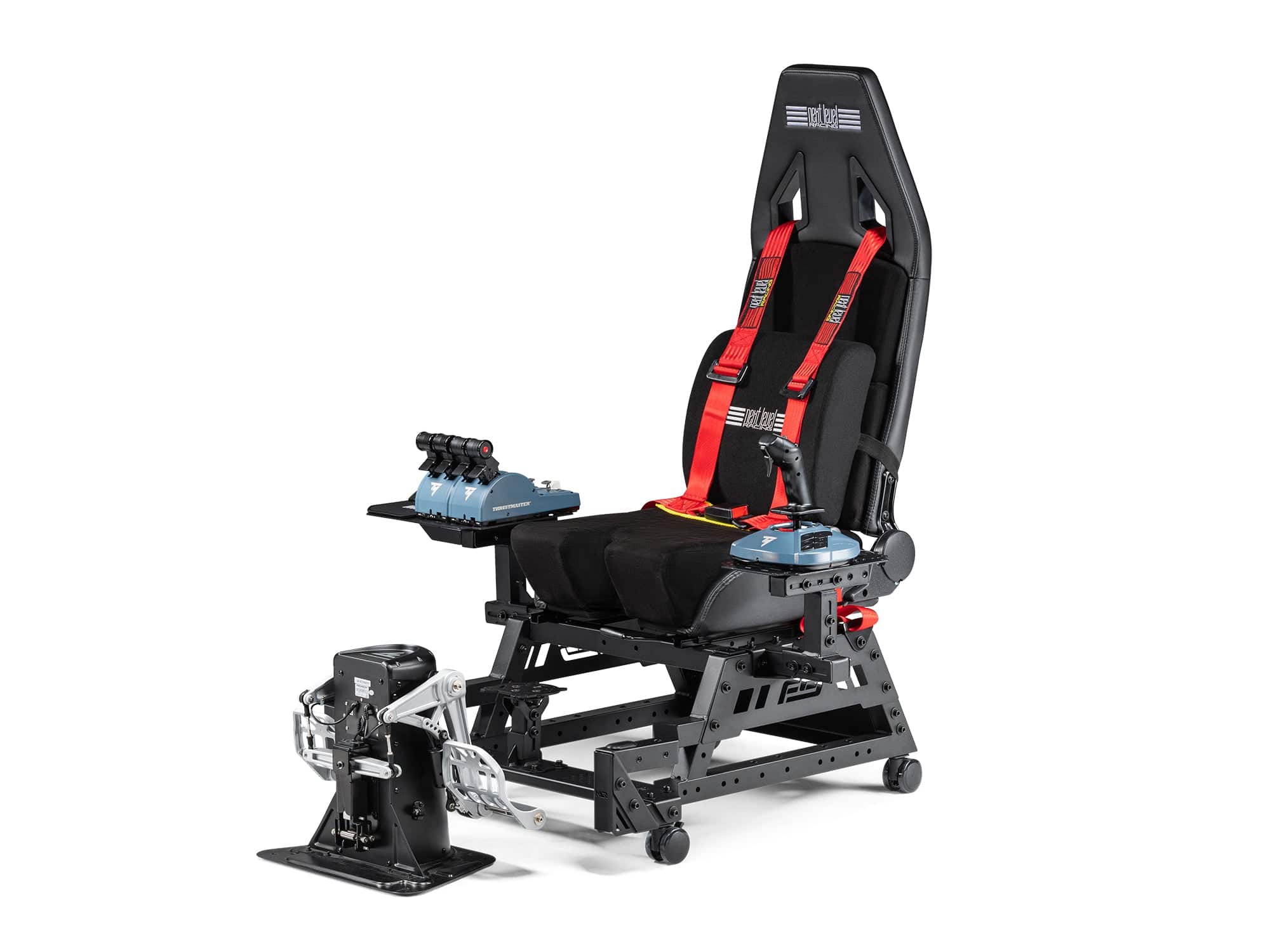 Next Level Racing Flight Seat Pro cockpit simulator chassis with adjustable seat and sturdy frame for immersive flight simulation.