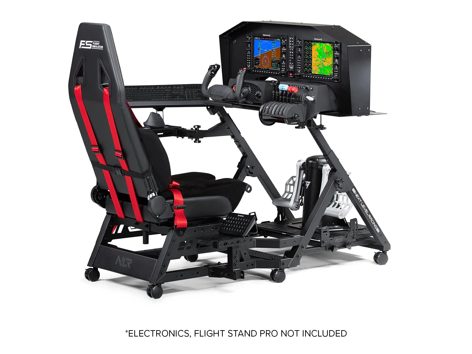 Next Level Racing Flight Seat Pro cockpit simulator chassis with adjustable seat and sturdy frame for realistic flight simulation.
