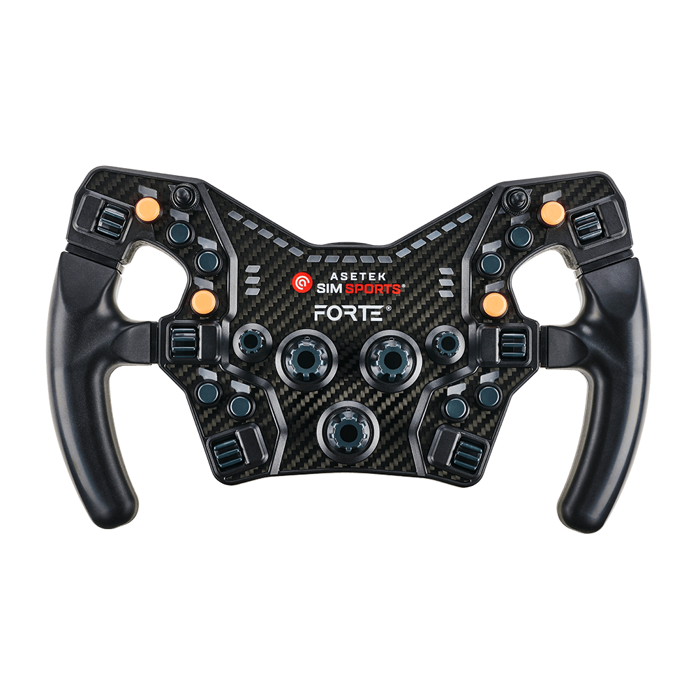 Asetek SimSports® orange steering wheel button color kit with black cushions, designed as wheel rim accessories for gaming simulators.