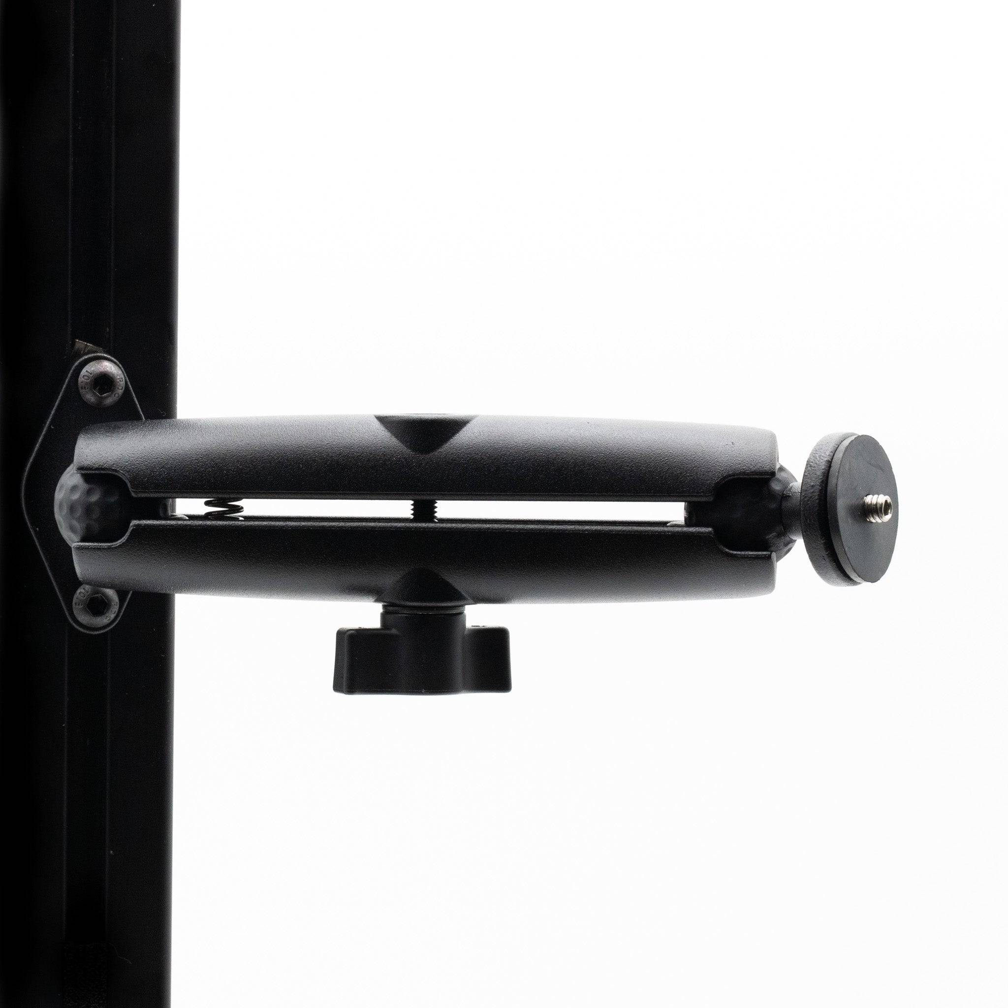 SimSportGadget SSG 1/4 male threaded articulating arm mounted on a professional accessories mount for adjustable positioning.