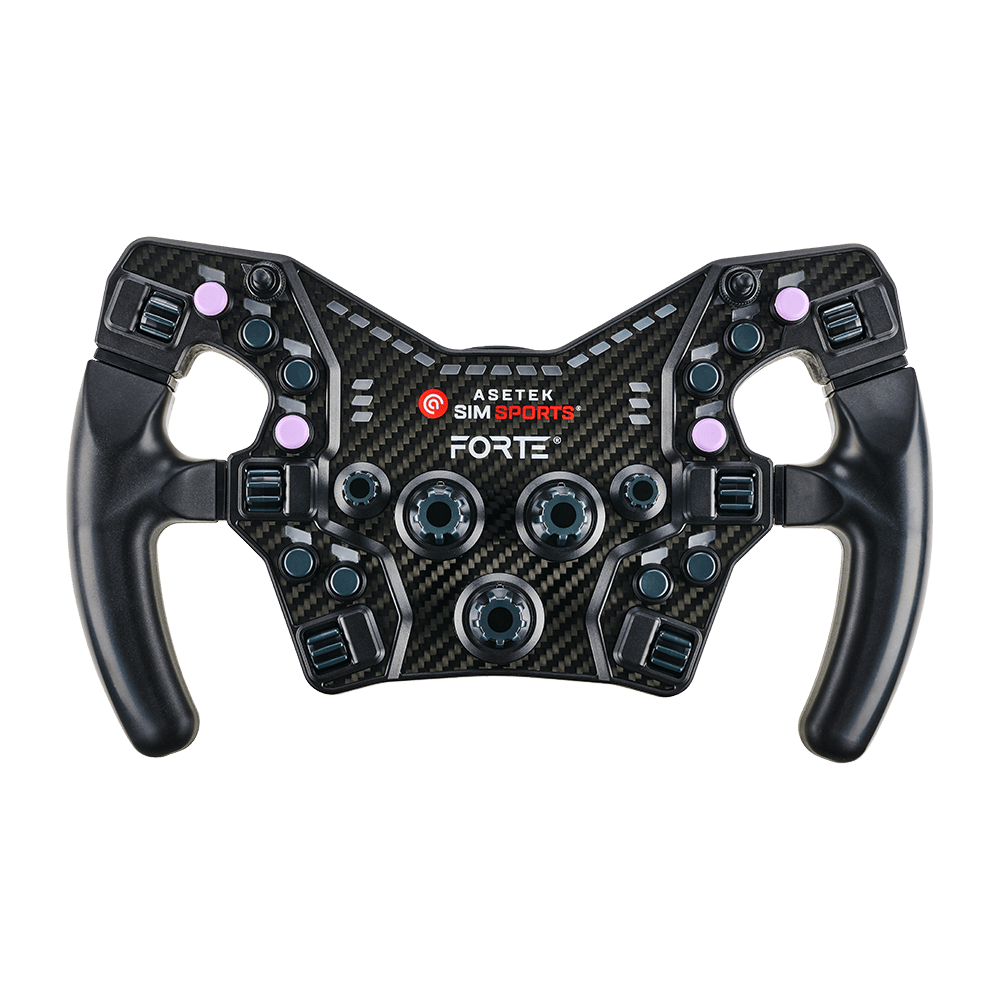 Asetek SimSports® Purple Steering Wheel Button Color Kit with black cushions, designed for sim racing wheel rims.