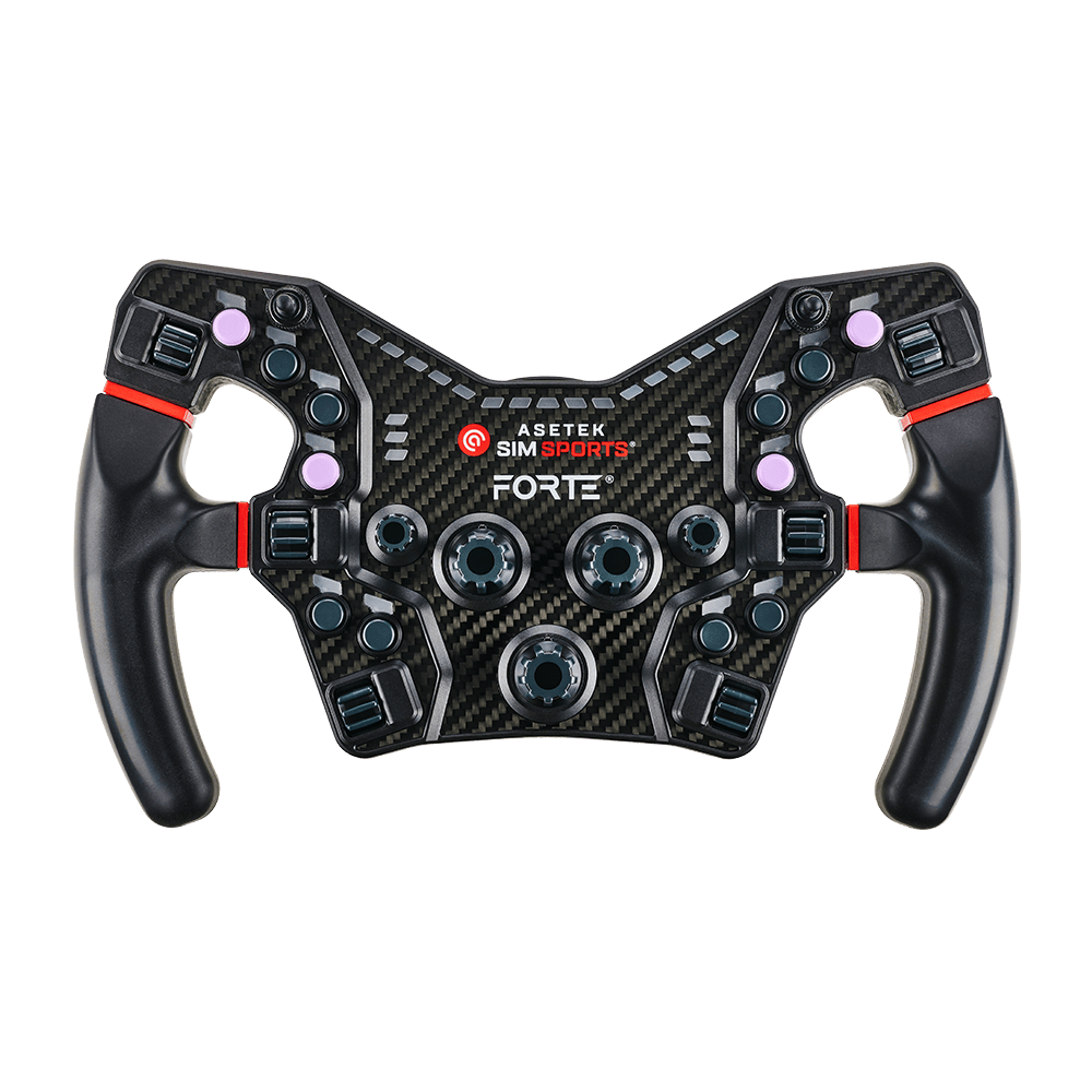Asetek SimSports steering wheel button color kit with purple and red cushions for wheel rim accessories, no background.