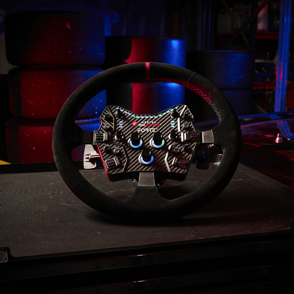 Asetek SimSports® Dished Suede Wheel Rim in a rally drift environment, showcasing a racing wheel with a textured suede grip and dished design.