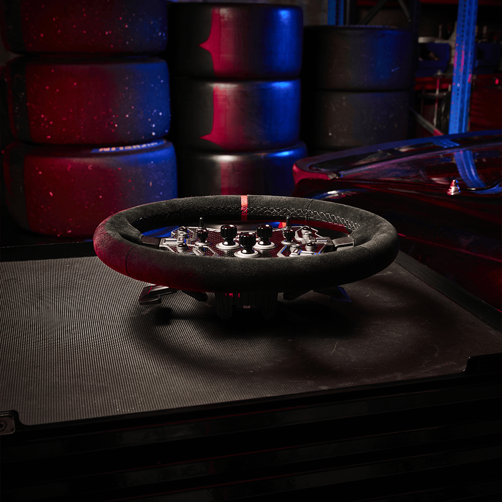 Asetek SimSports SimSports® Dished Suede Rim wheel rim designed for rally and drift racing simulation setups.