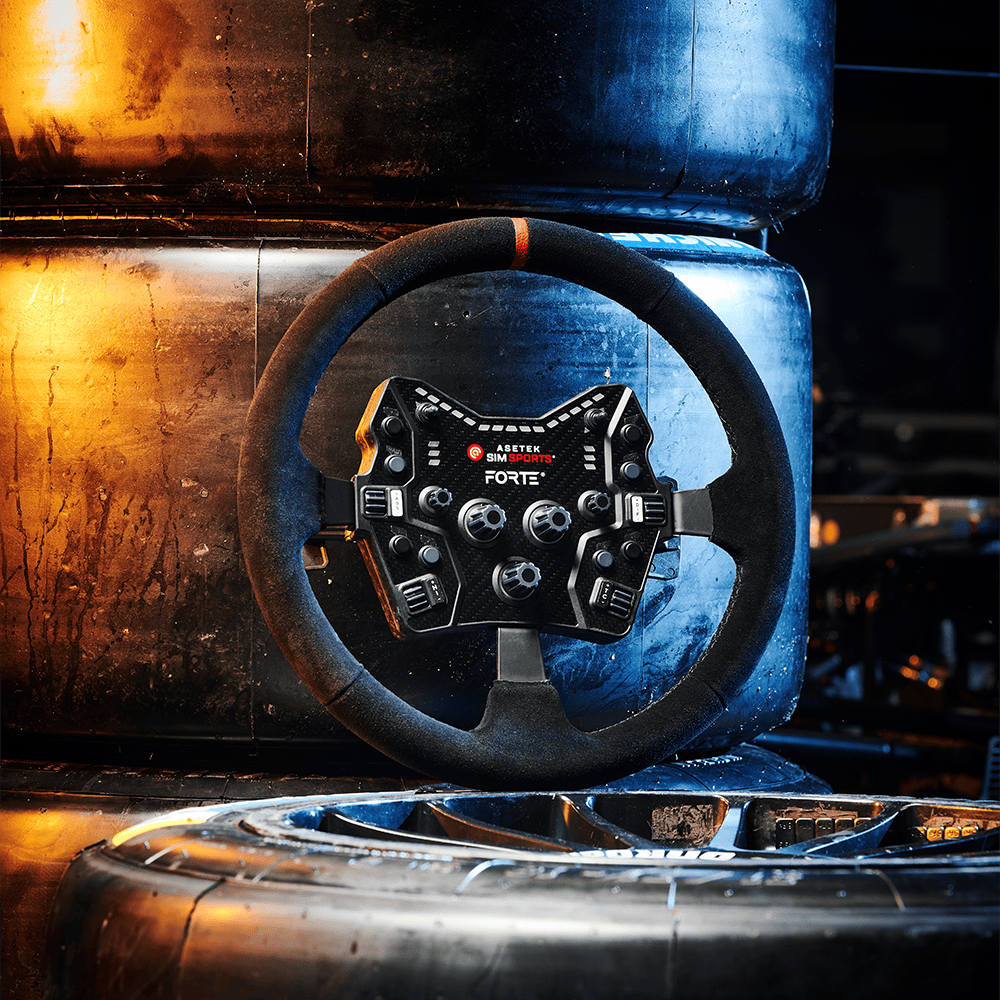 Asetek SimSports® Dished Suede Wheel Rim for racing simulators, featuring a textured suede surface and ergonomic design.