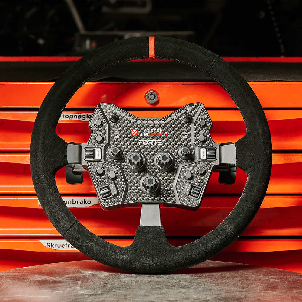 Asetek SimSports® Dished Suede Wheel Rim for racing simulators, featuring a textured suede grip and ergonomic design.