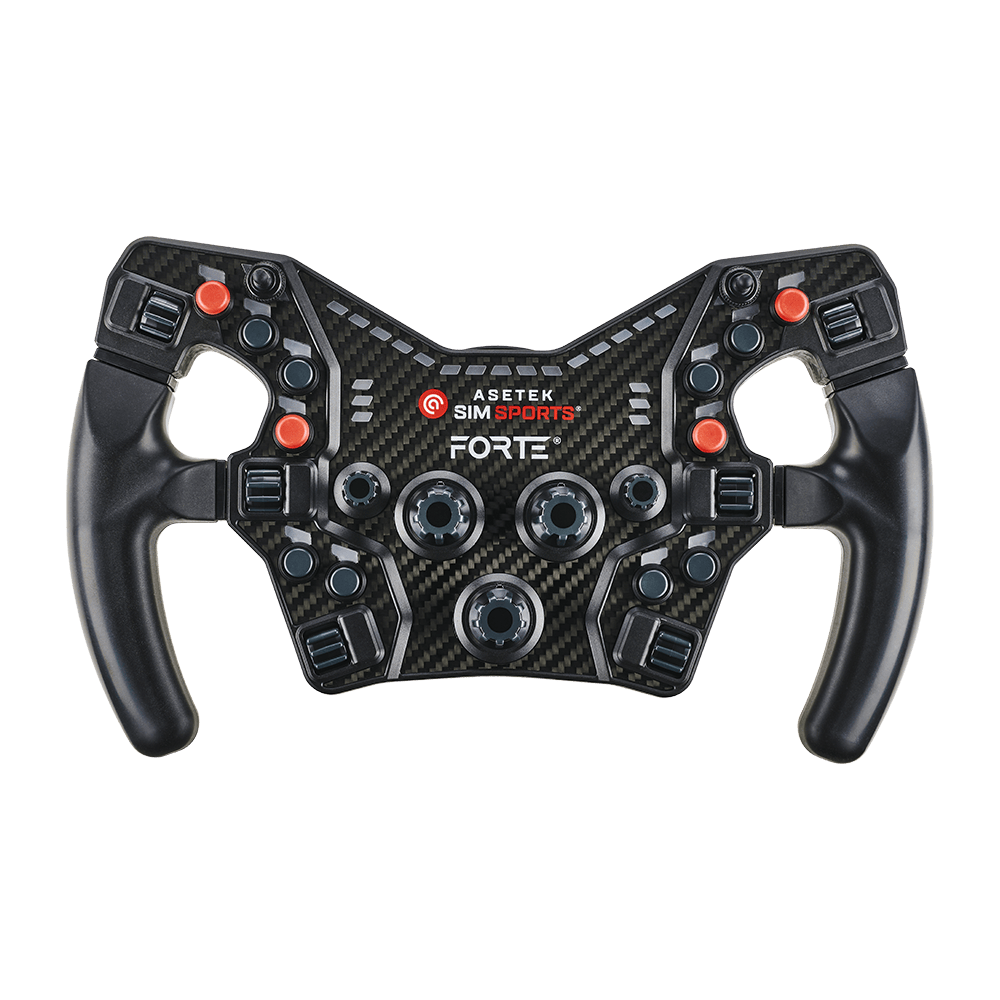 Asetek SimSports steering wheel button color kit with red accents, designed for wheel rim accessories, with black cushions.
