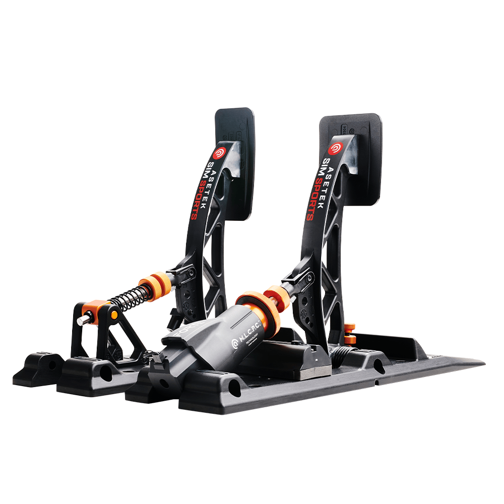 Asetek SimSports Forte S Series brake and throttle pedal set, white, with detailed metal and plastic components, viewed from back right angle.