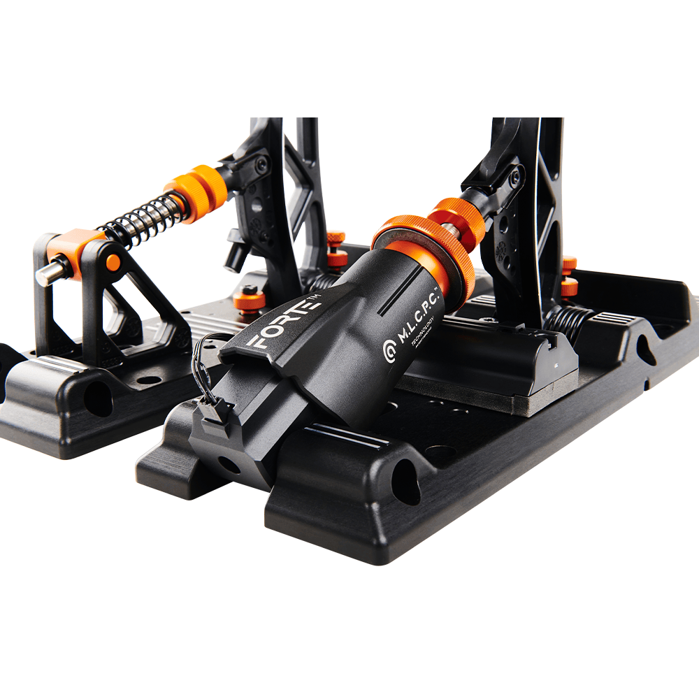 Close-up of Asetek SimSports Forte S Series brake and throttle pedals with white background, showcasing detailed pedal design.
