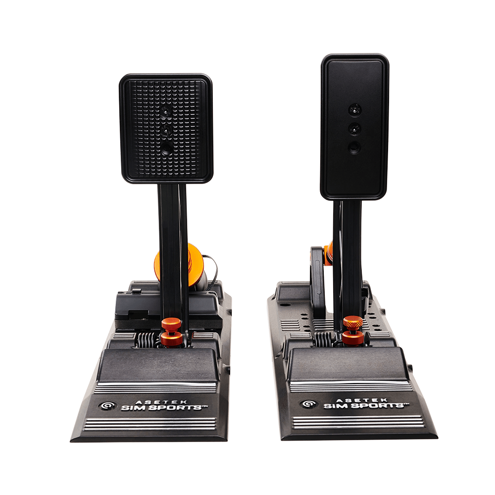 Asetek SimSports Forte S Series brake and throttle pedals, white front view, showcasing realistic pedal design for racing simulators