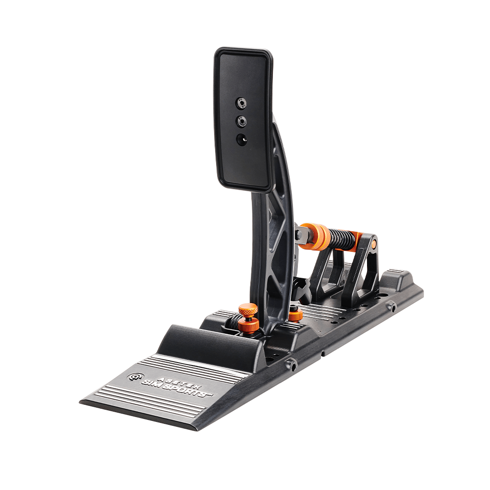 Asetek SimSports Forte S Series brake and throttle pedals for racing simulators, front-left view showing white pedals with branding.