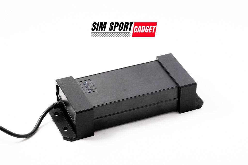 White logo of SimSportGadget on a power supply bracket for Moza R9, designed to secure the power brick.