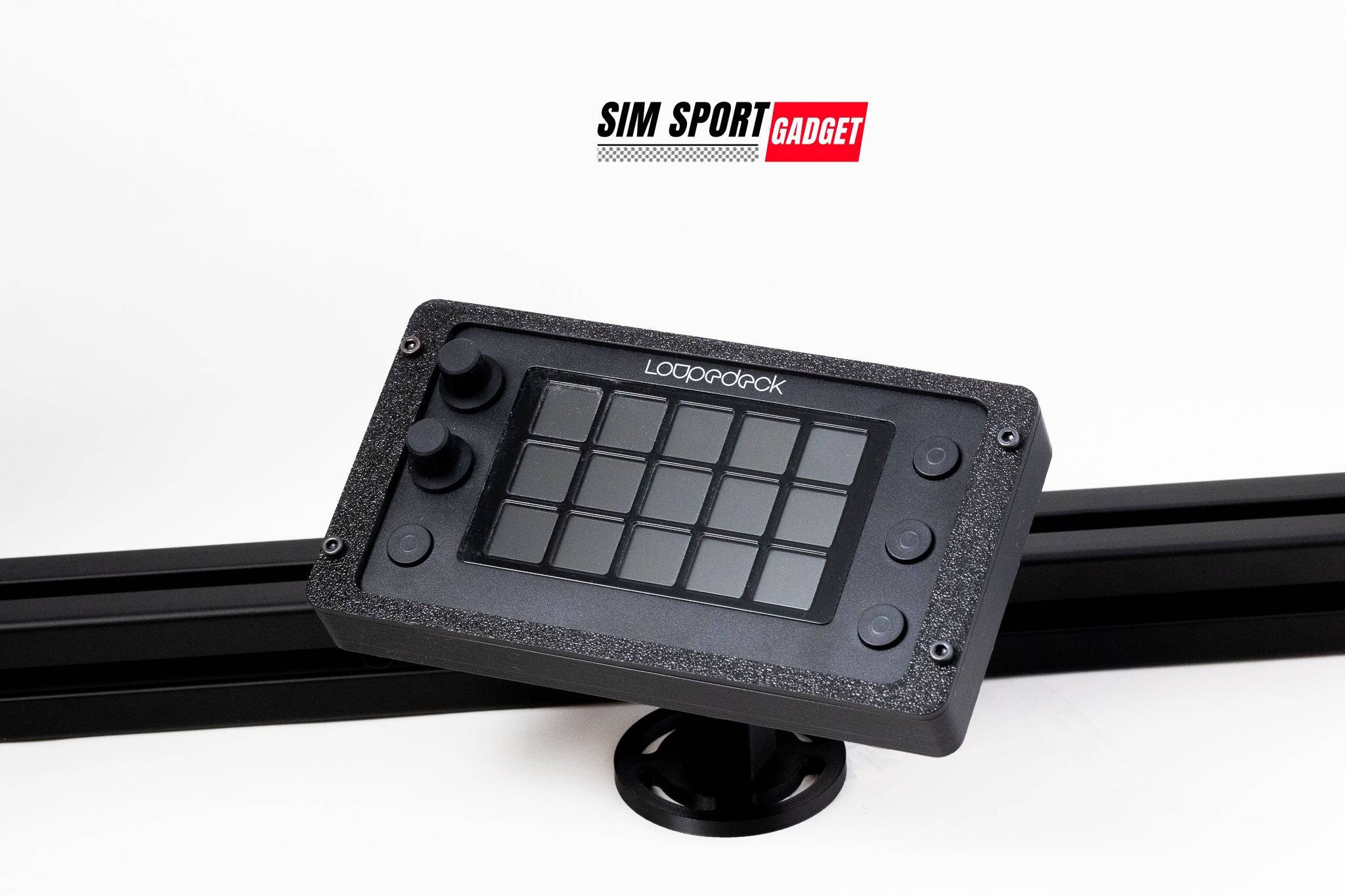 Adjustable mount for Loupedeck Live S and sim racing rig by SimSportGadget, featuring white logo and secure attachment hardware.