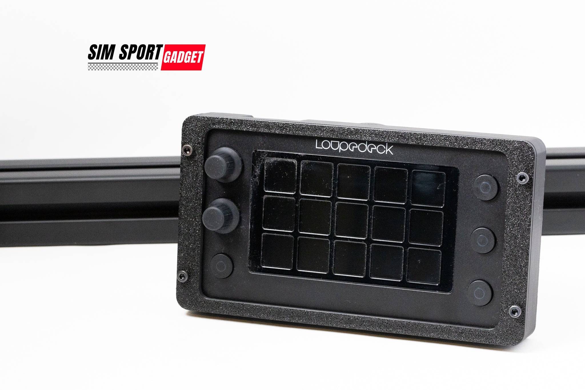 Adjustable mount for Loupedeck Live S from SimSportGadget, designed for sim racing rigs, featuring the SSG white logo on the accessory.