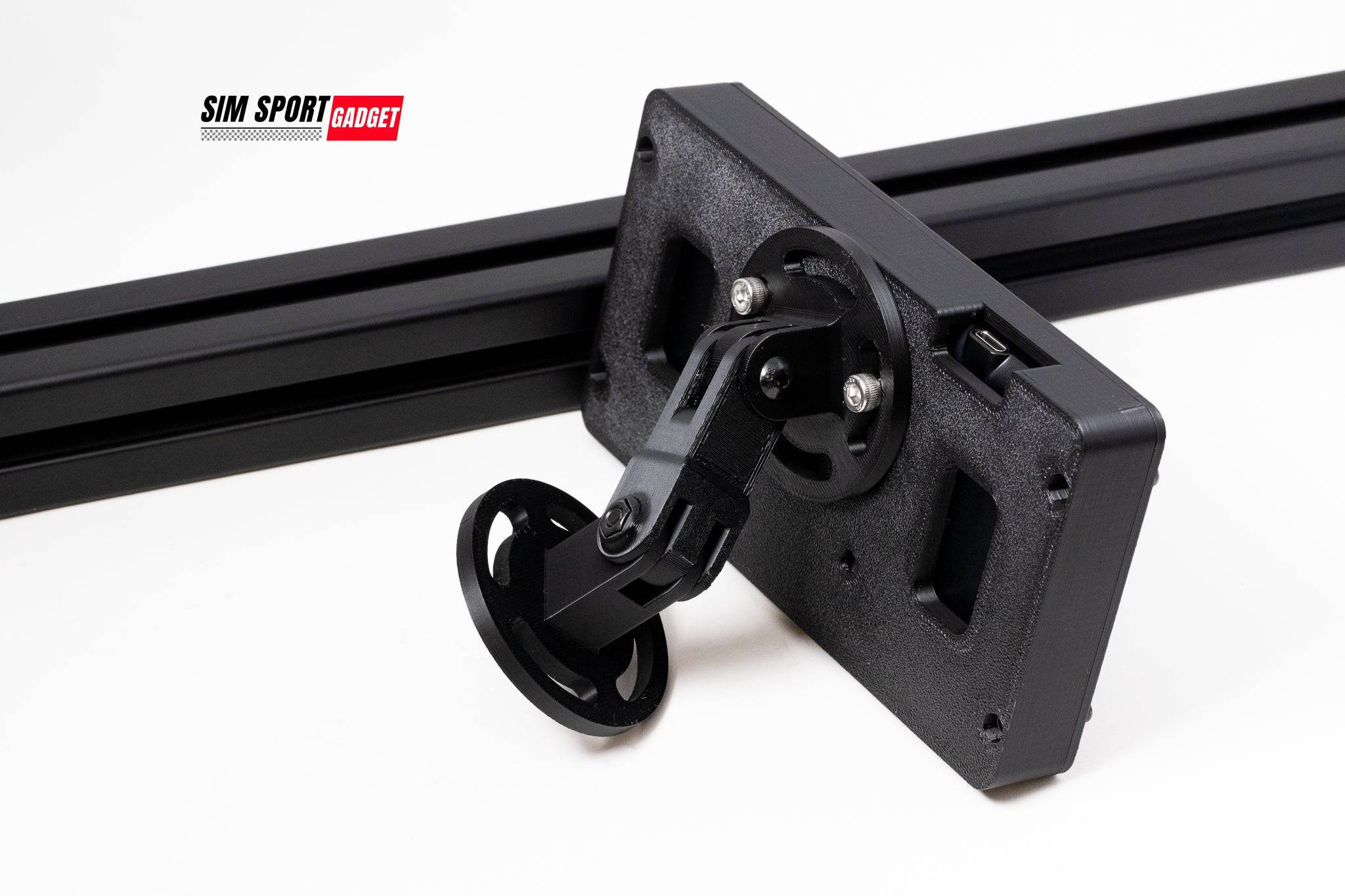 Adjustable mount for Loupedeck Live S and sim racing rig by SimSportGadget, featuring white logo and sturdy construction.