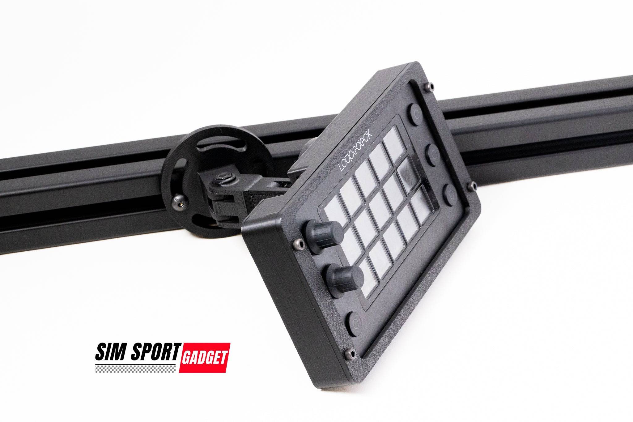 Adjustable mount for Loupedeck Live S from SimSportGadget, designed for sim racing rig setup, featuring the SSG white logo.
