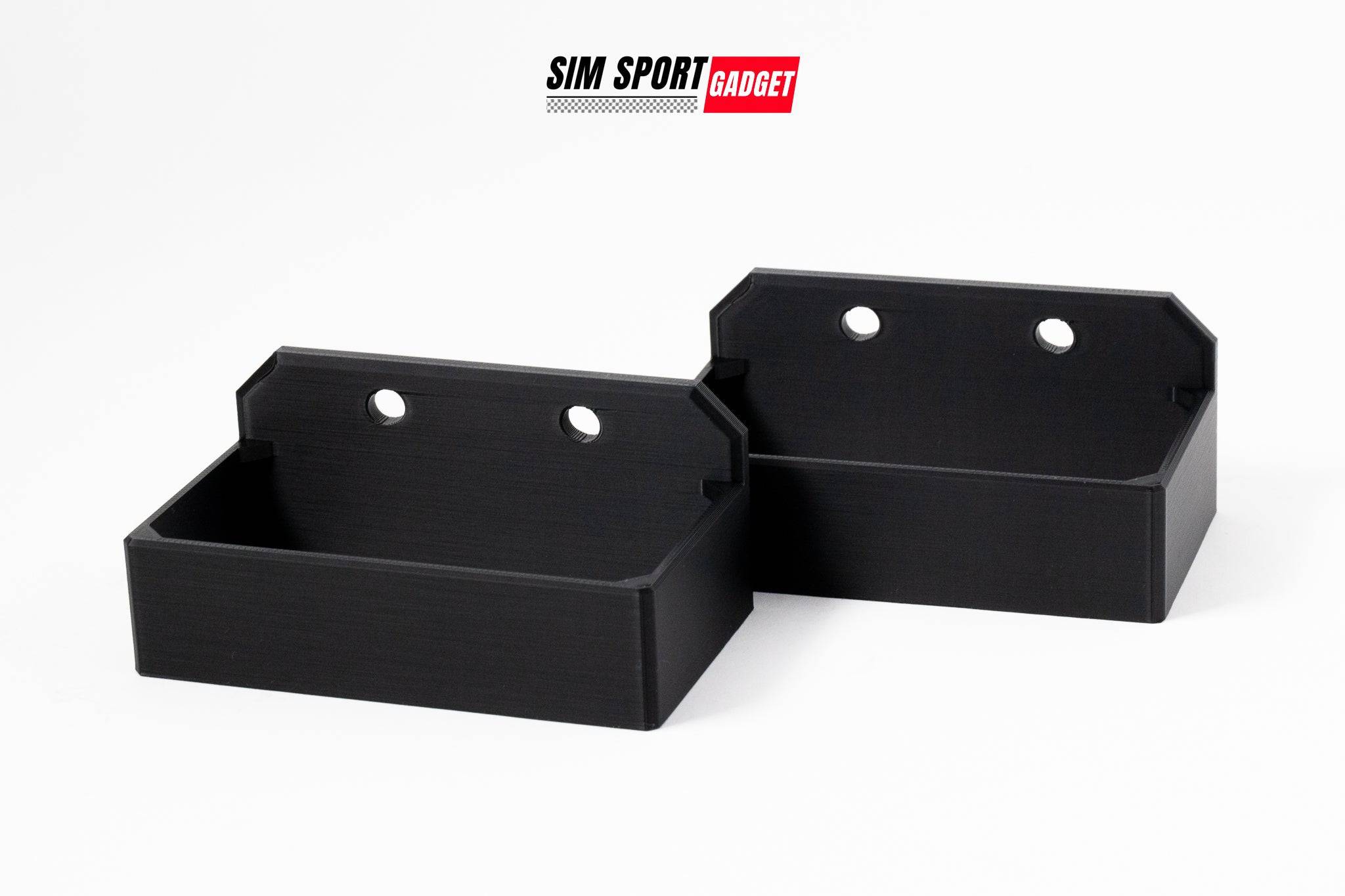White Simagic Alpha Mini Power Brick Holder bracket with SimSportGadget logo on a plain background.