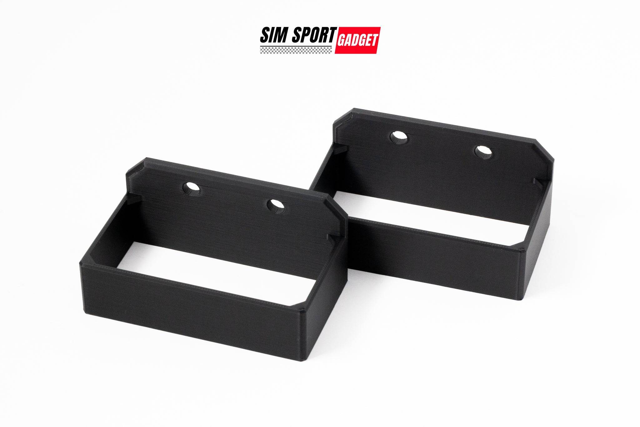 White Simagic Alpha Mini Power Brick Holder bracket with SimSportGadget logo display, designed for secure mounting of power bricks.
