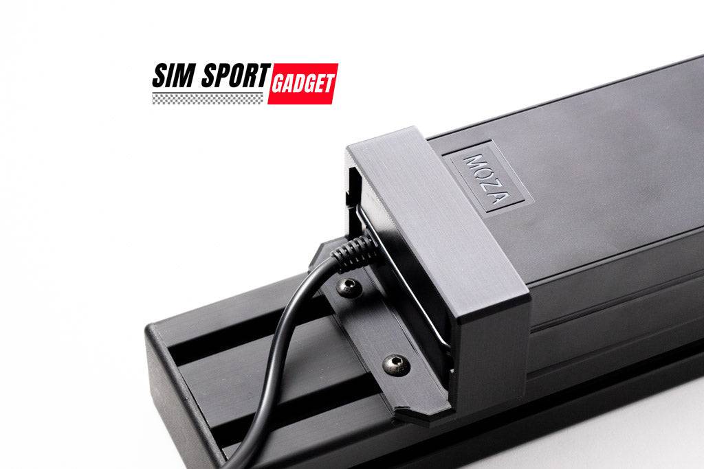 SimSportGadget power supply bracket for Moza R9, white power brick bracket with logo, designed for secure mounting and organization.