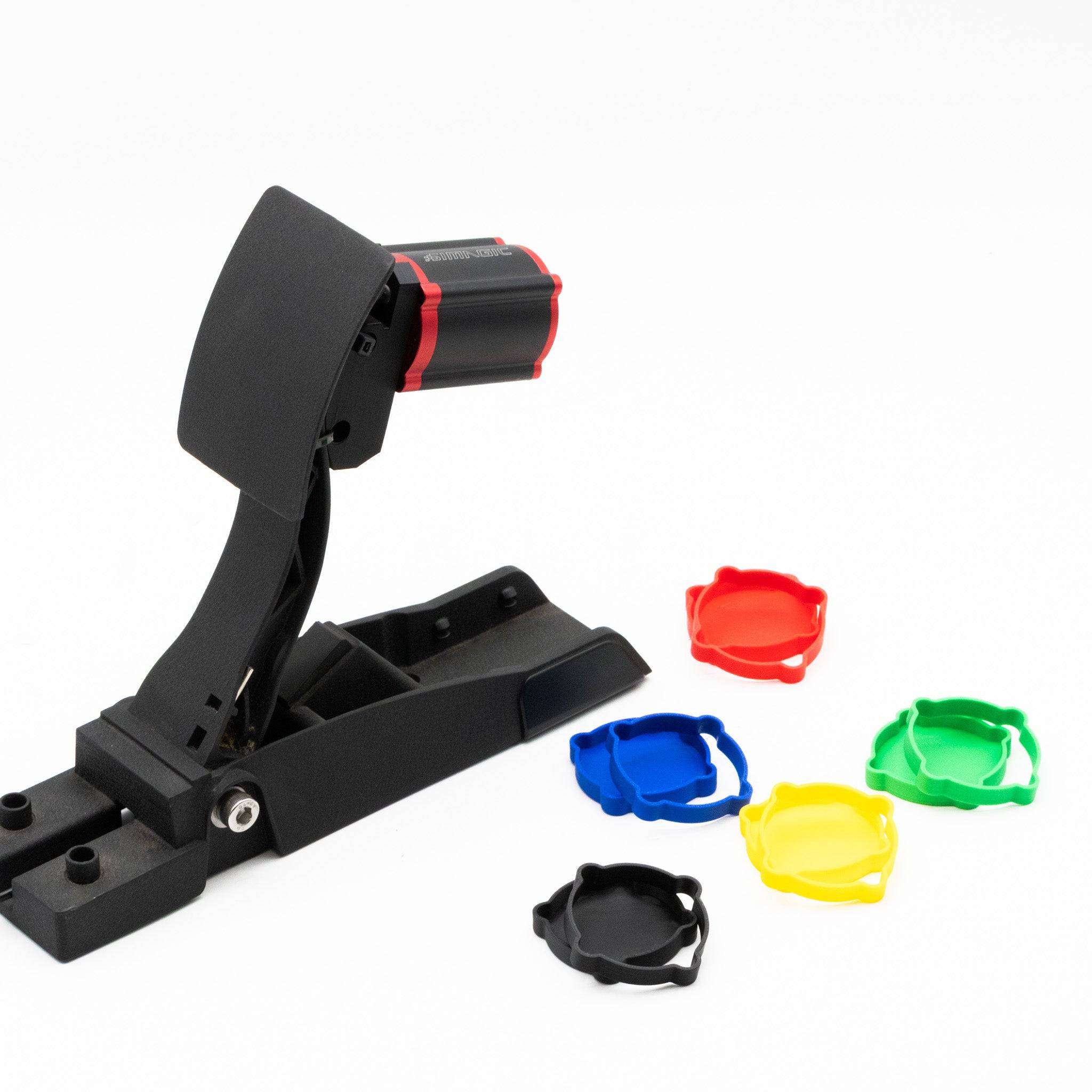 Simagic P-HPR colored end caps for pedal mod by SimSportGadget, showing sleek red brake pedal end cap on a racing pedal setup.