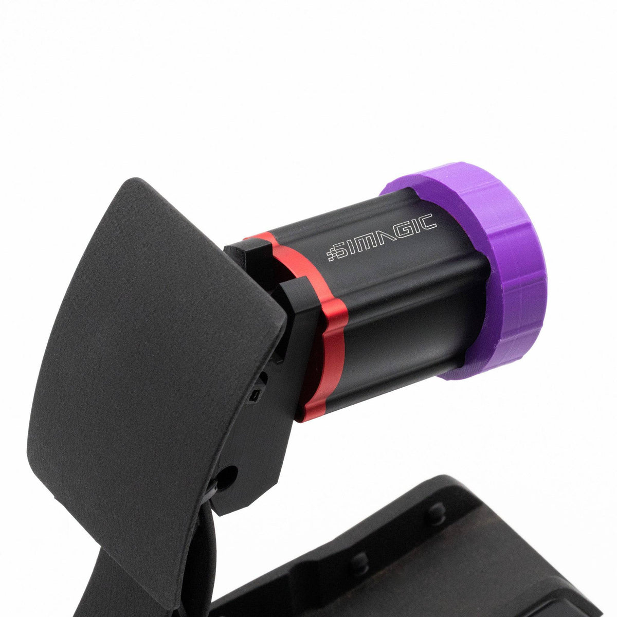Simagic P-HPR colored brake reservoir end caps for pedal mod by SimSportGadget, with red and blue accents on a black end cap.
