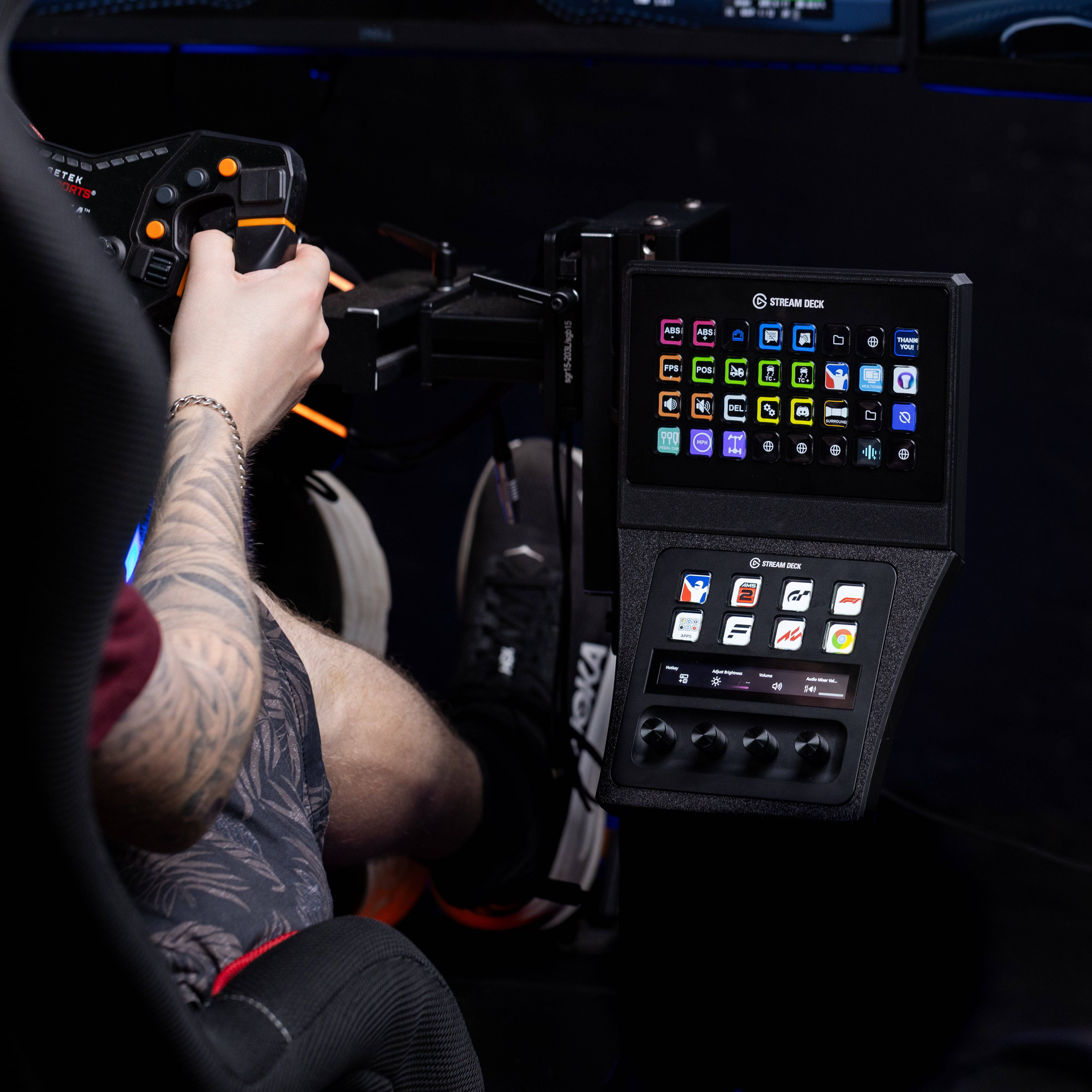 SimSportGadget Stream Deck XL and Plus combo console mount with adjustable arms and secure grip for optimal streaming setup.