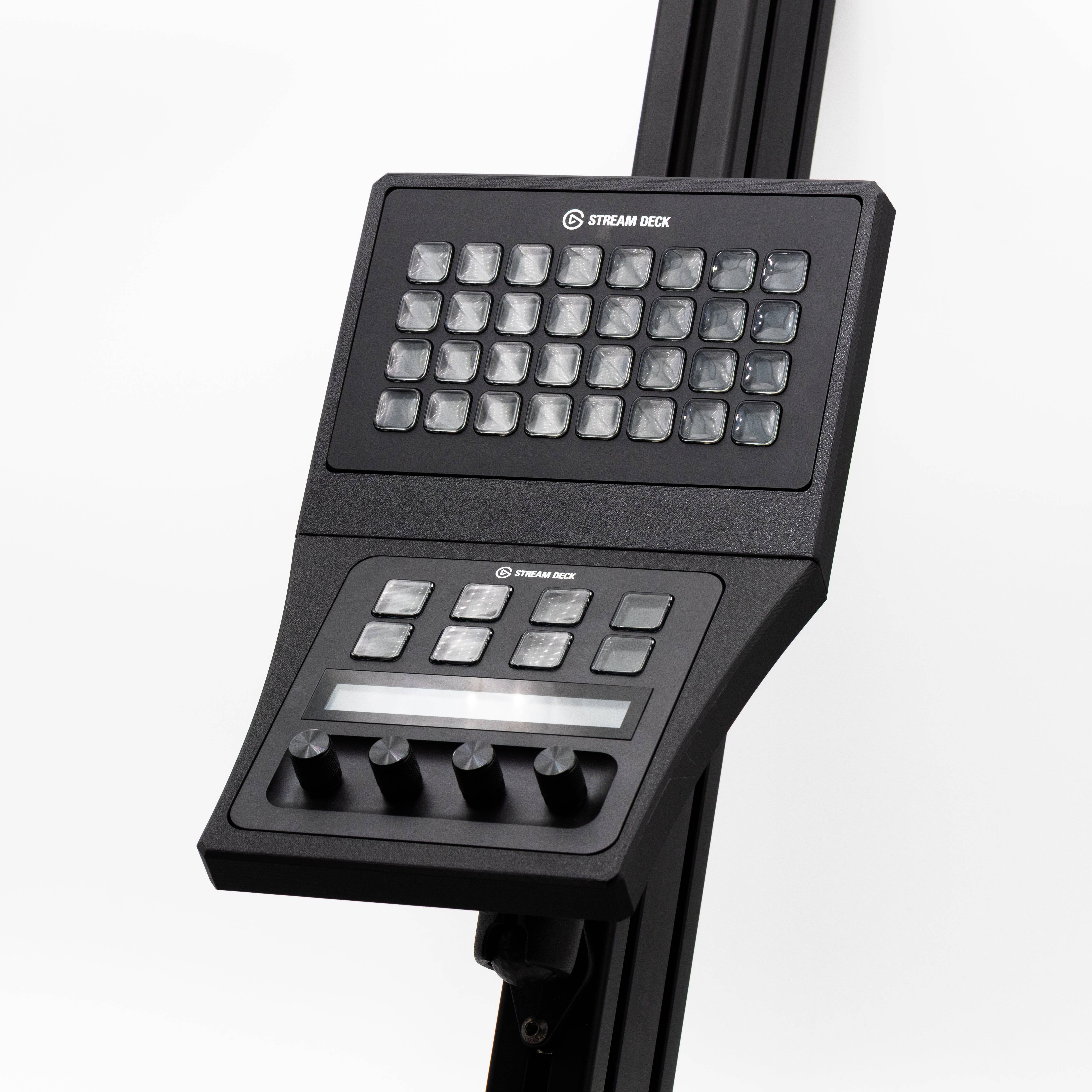 SimSportGadget Stream Deck XL and Plus combo console mount attached to a streaming setup, showing secure support for multiple Stream Deck devices.