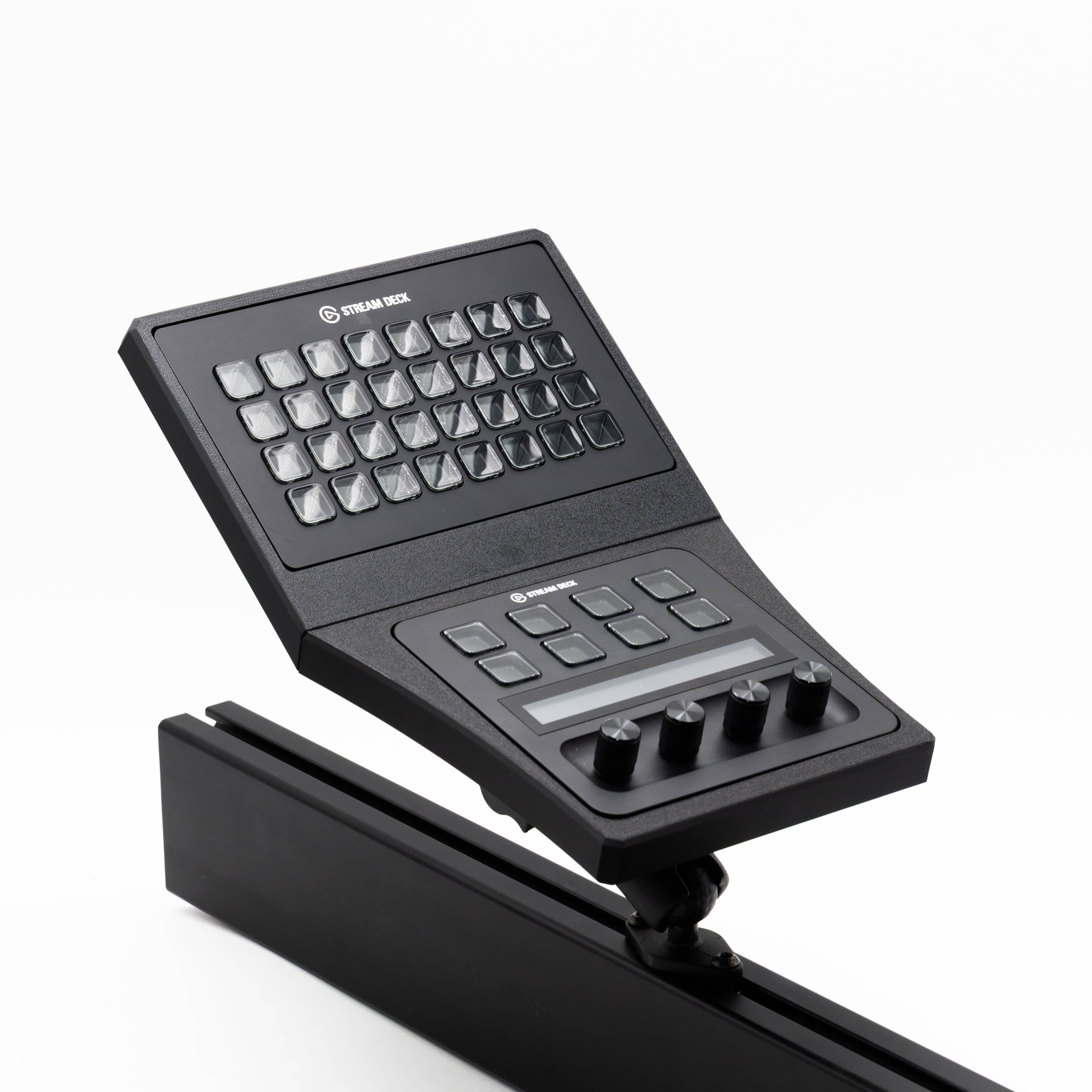 SimSportGadget Stream Deck XL and Plus combo mount showing adjustable black mount for easy setup and organization of the Stream Deck.