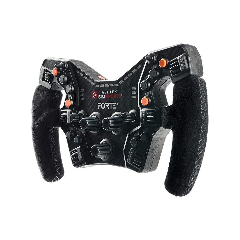 Asetek SimSports Formula Suede Handles with orange buttons for wheel rim accessories, angled view with no background.