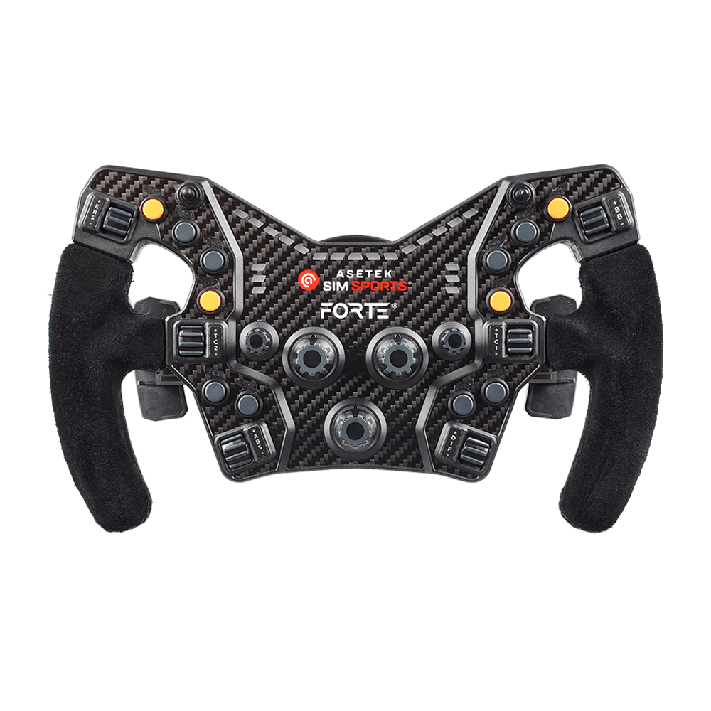 Asetek SimSports Formula suede wheel rim handles with orange buttons, designed for racing simulation steering wheels.