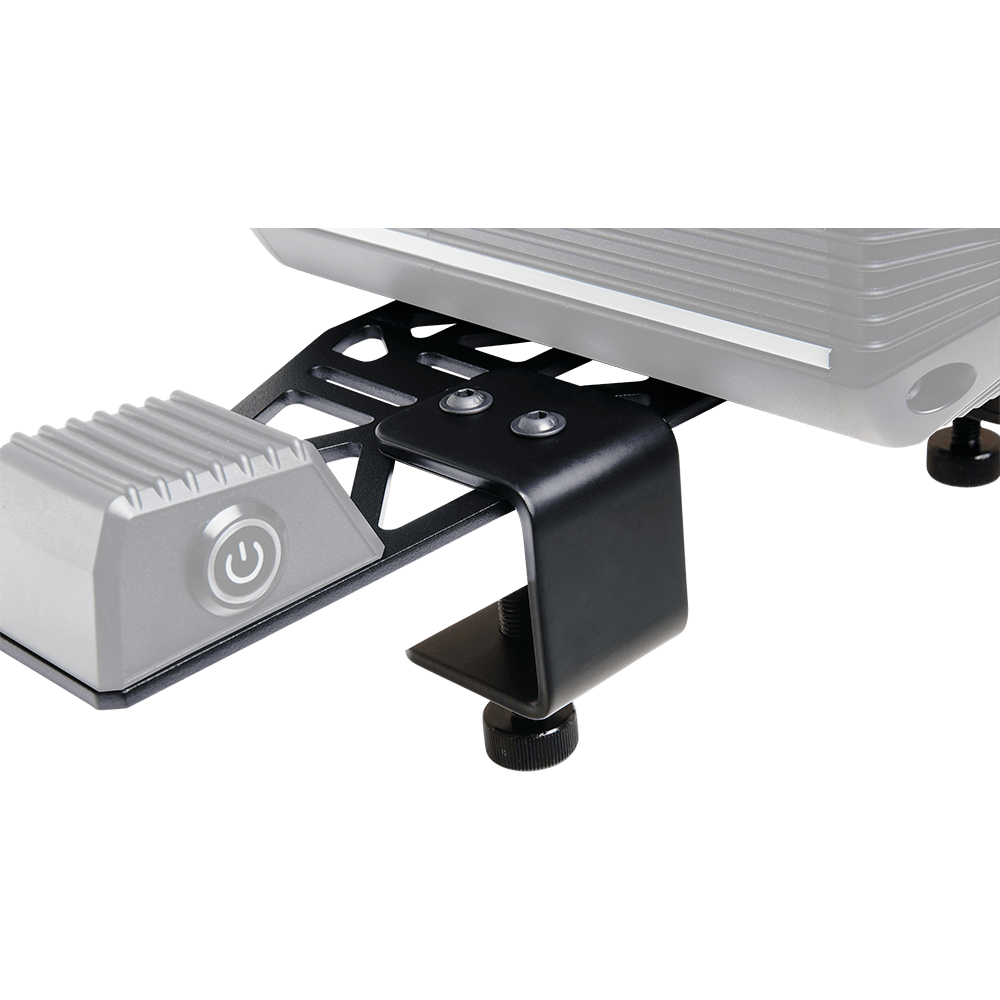 Close-up of Asetek SimSports bottom mount with table clamps for sim racing accessories.