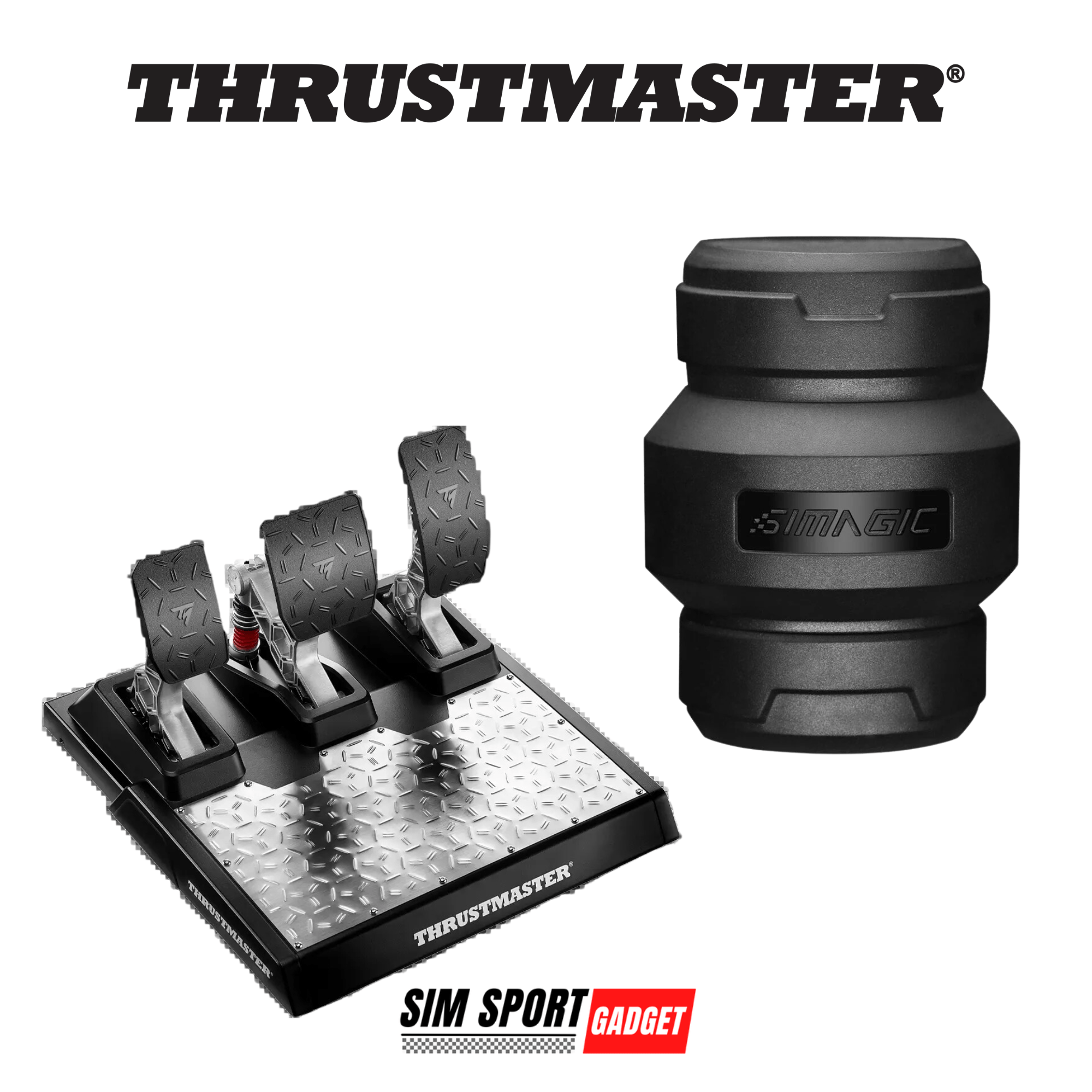 SimSportGadget Thrustmaster T-LCM pedal with Simagic P-HPR NEO mount for realistic racing simulation setup.