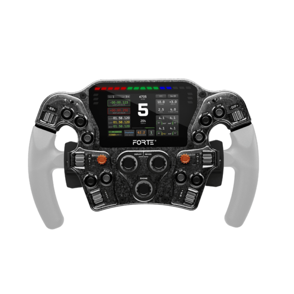 Asetek SimSports Forte Formula Pro black sim steering wheel with transparent handles, designed for racing simulation setups.