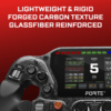 Asetek SimSports Forte Formula Pro black sim steering wheel displayed on a white background, showcasing its sleek design and controls.