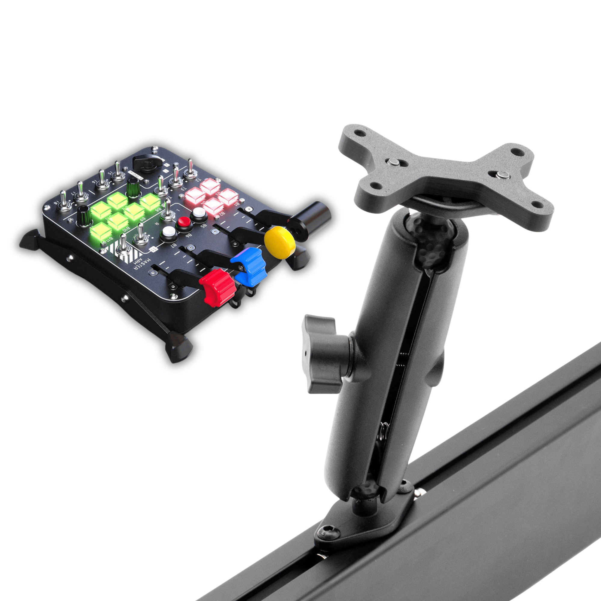Virpil Control Panel Mount with button box and dashes for flight simulation, branded by SimSportGadget, showing mounting and control layout.